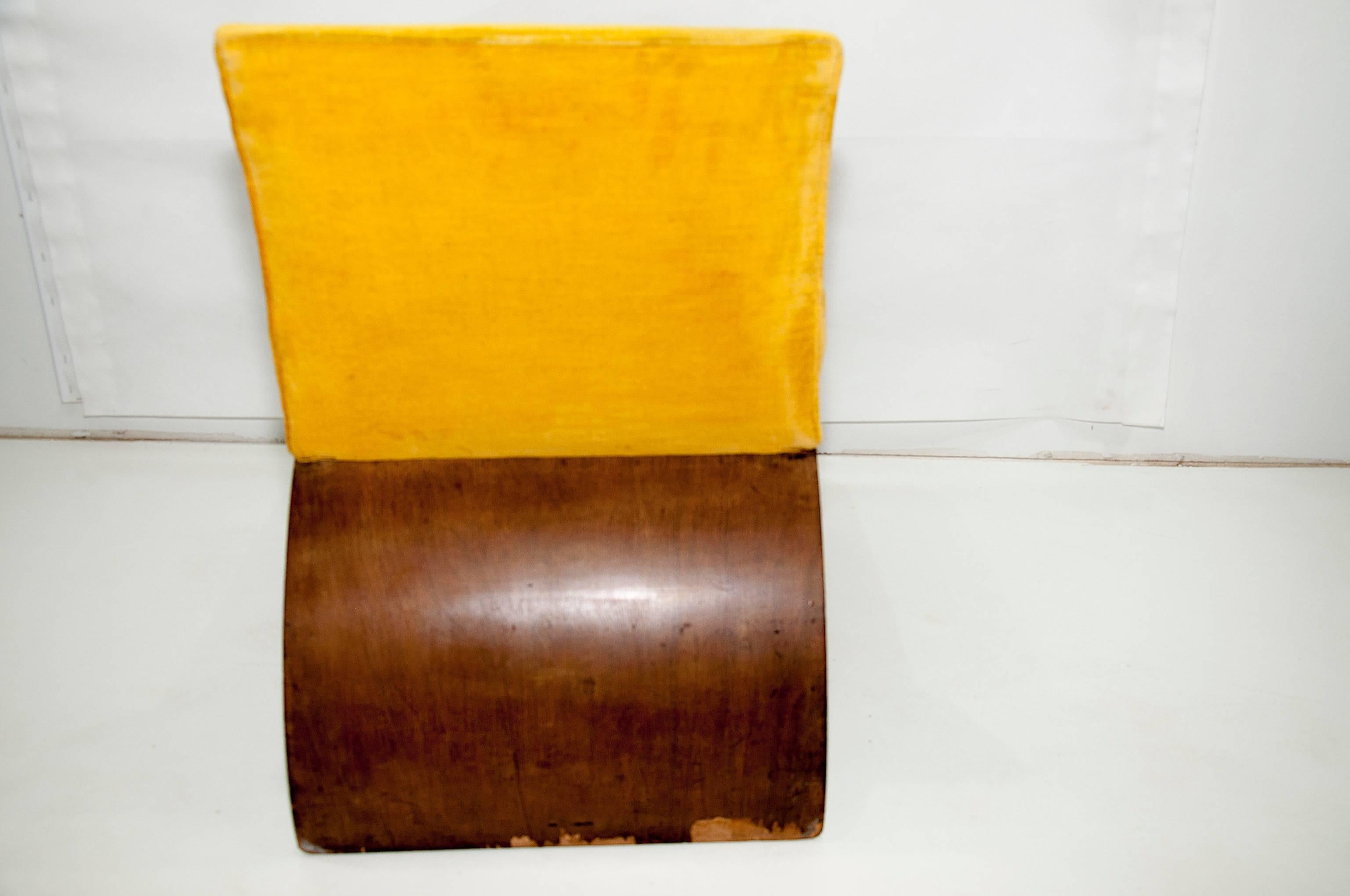 Art Deco Period Low Chair, with Yellow Fabric, Walnut Veneer and Is Arched Foot 2
