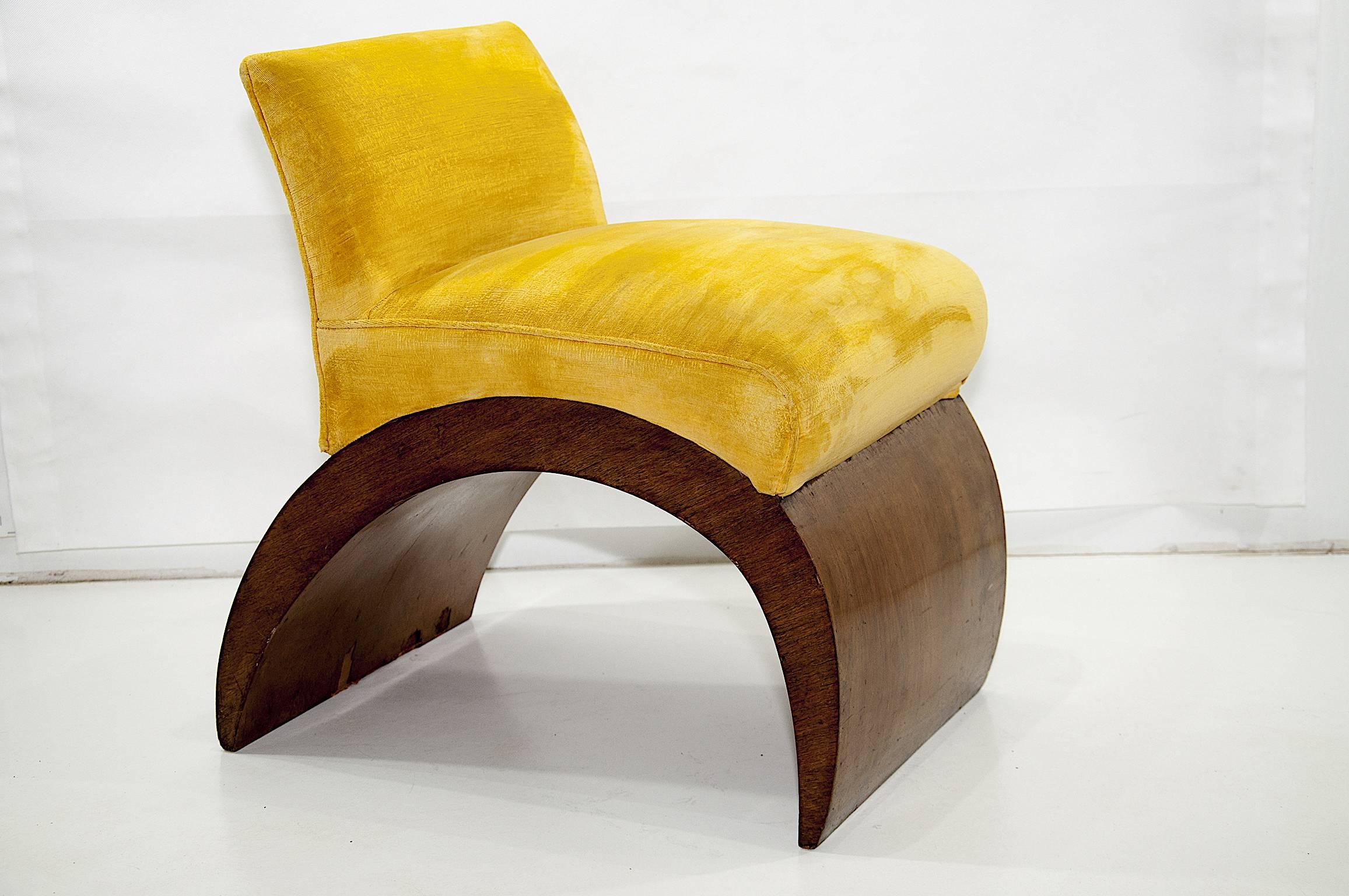 Art Deco Period Low Chair, with Yellow Fabric, Walnut Veneer and Is Arched Foot 3