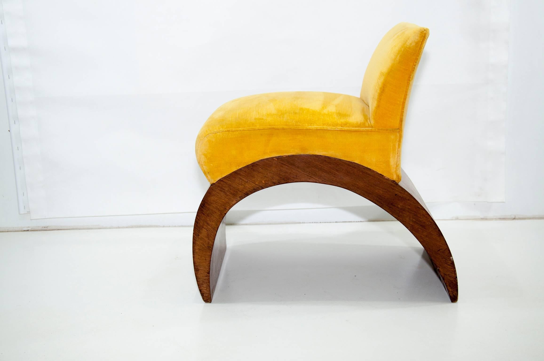 Art Deco Period Low Chair, with Yellow Fabric, Walnut Veneer and Is Arched Foot 4