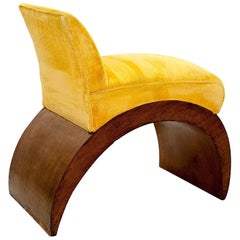 Art Deco Period Low Chair, with Yellow Fabric, Walnut Veneer and Is Arched Foot