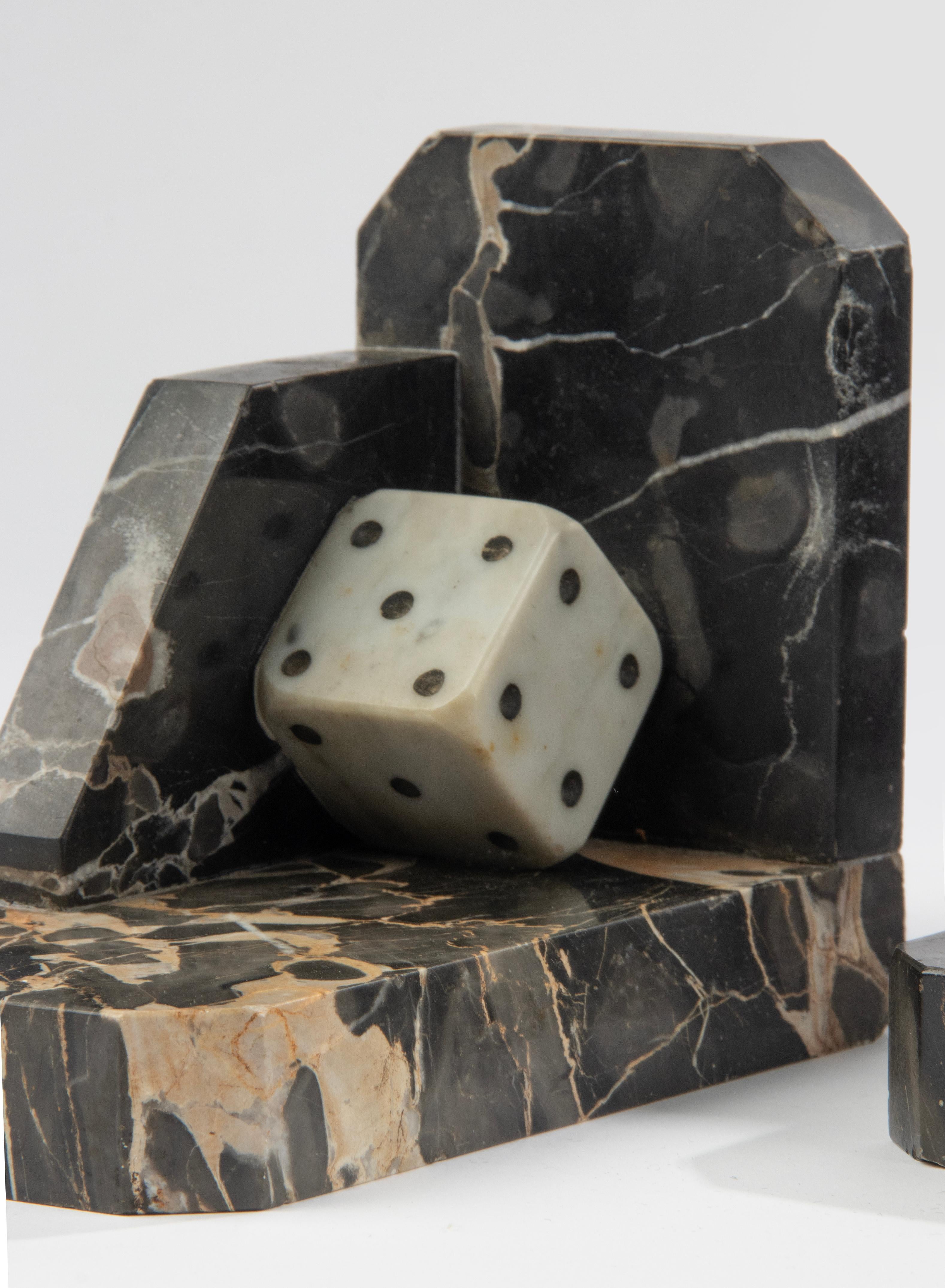 Art Deco Period Marble Bookends with Sculpted Dice For Sale 5
