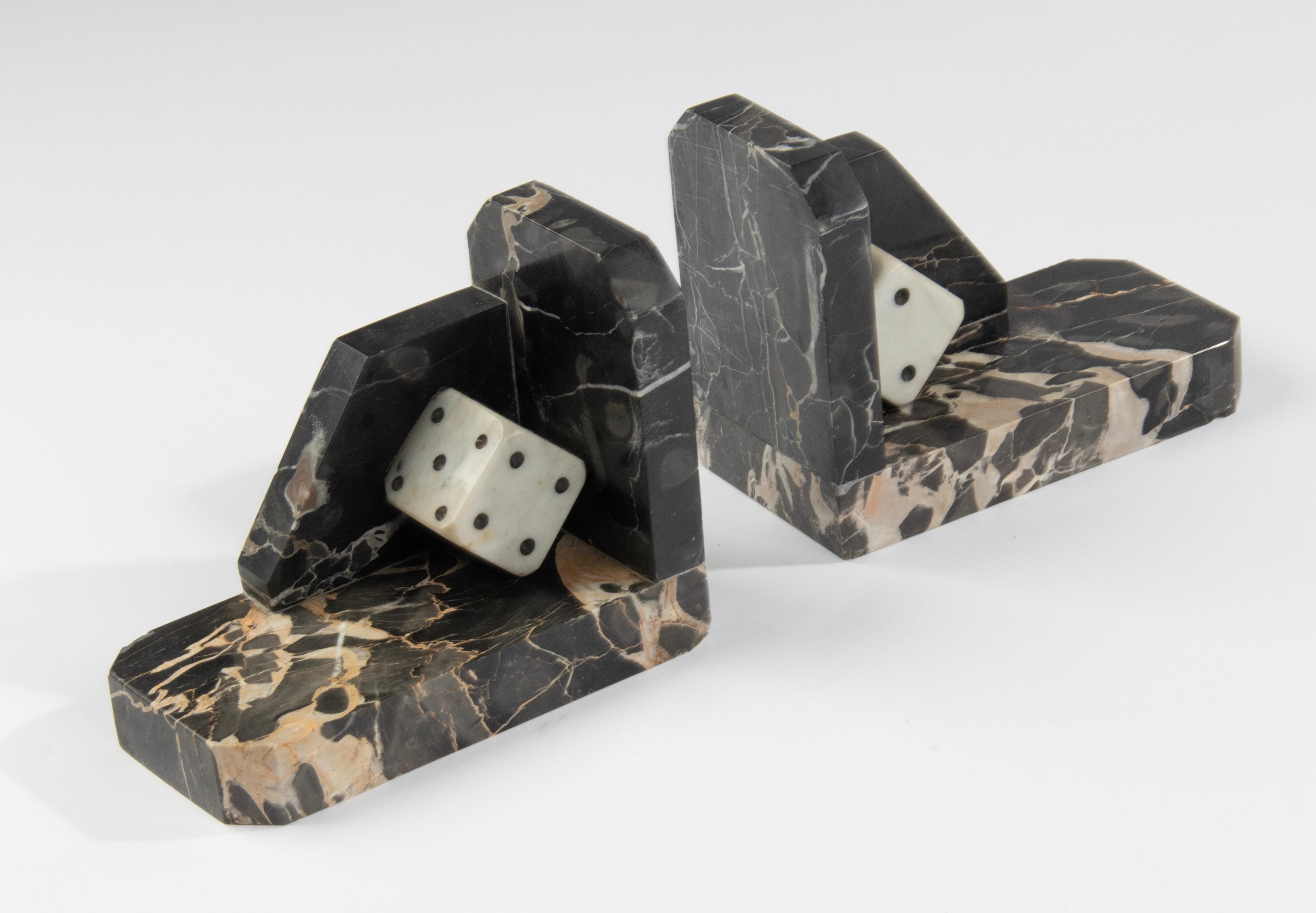 Art Deco Period Marble Bookends with Sculpted Dice For Sale 13