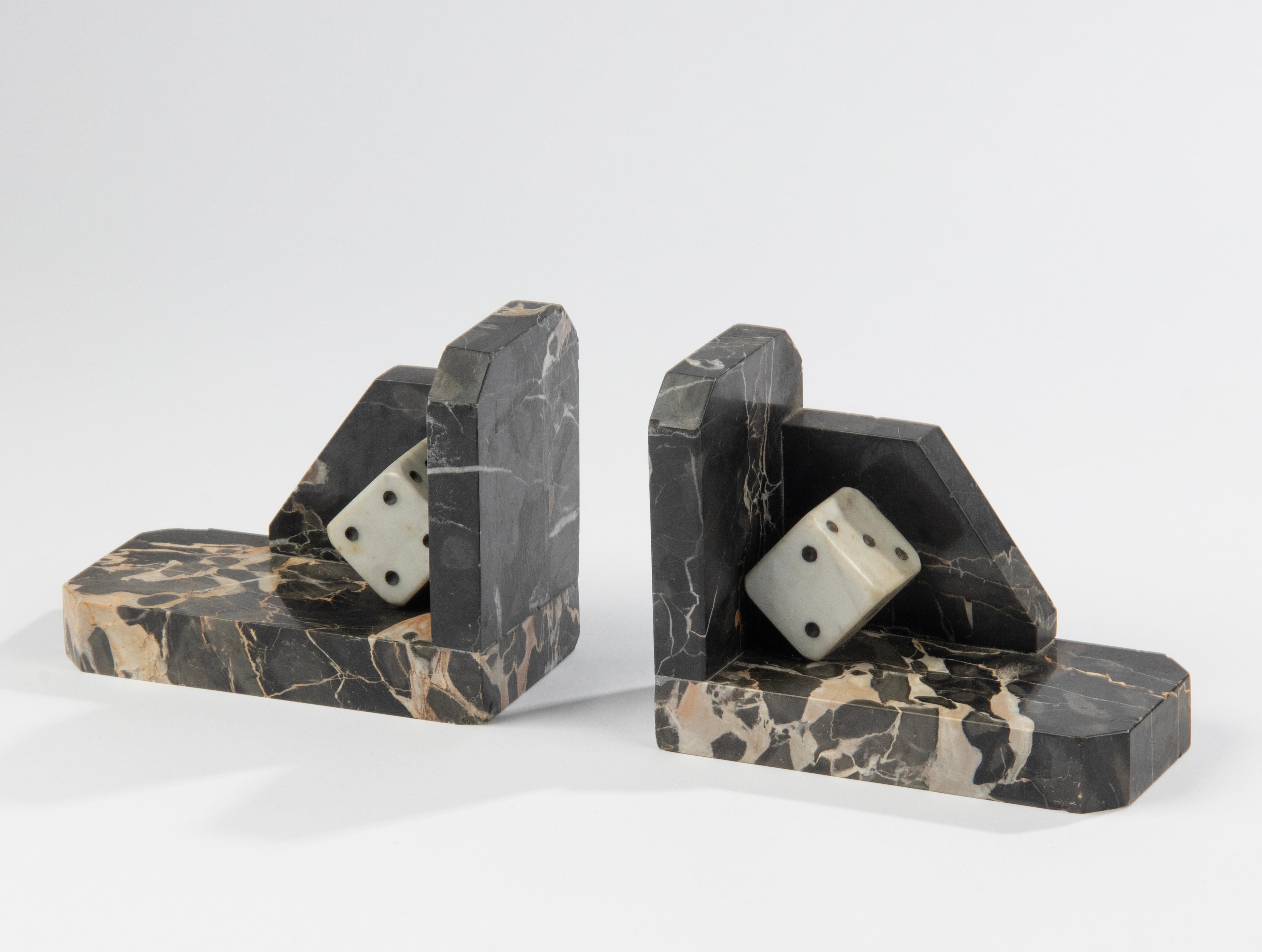 French Art Deco Period Marble Bookends with Sculpted Dice For Sale
