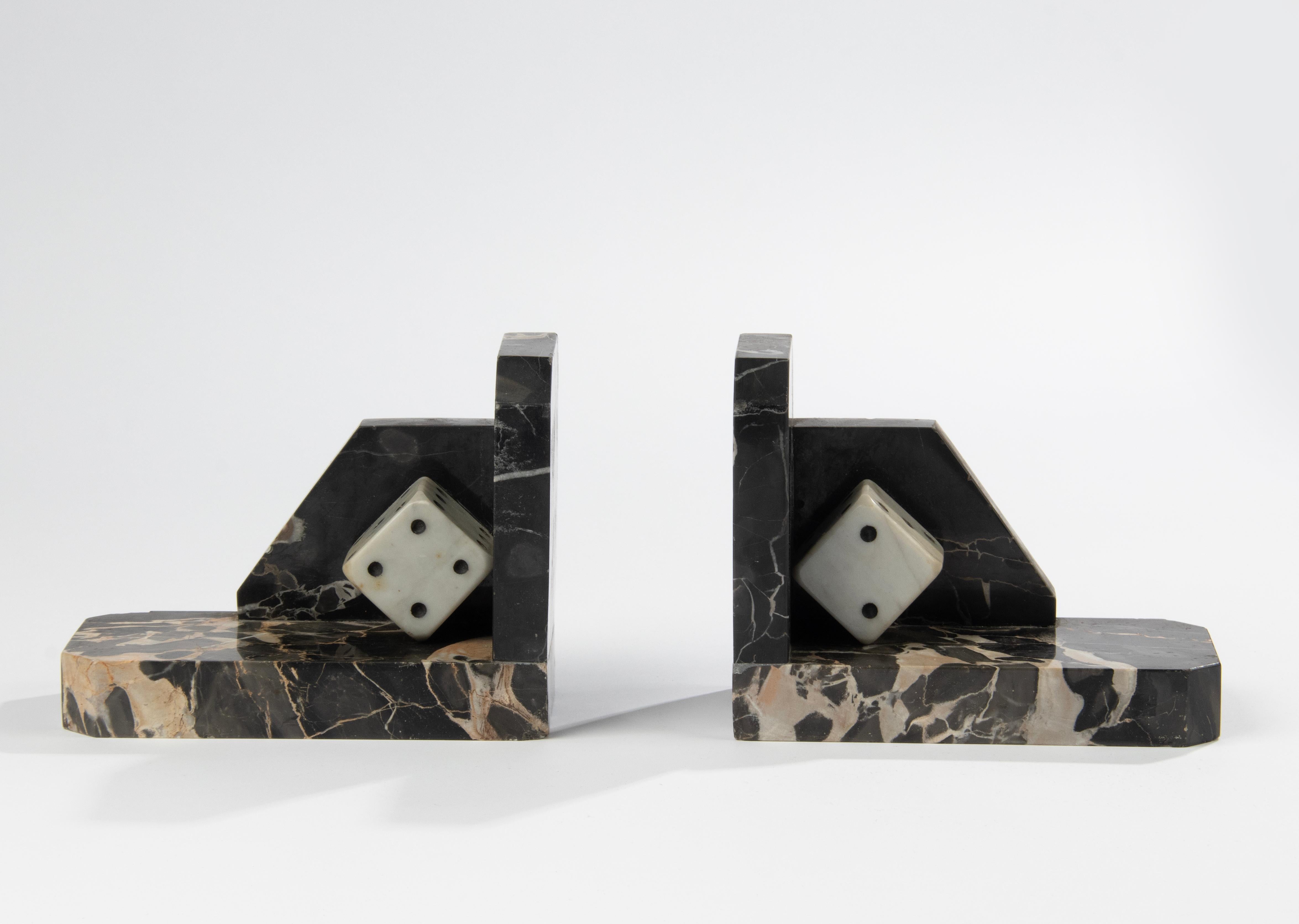 Early 20th Century Art Deco Period Marble Bookends with Sculpted Dice For Sale