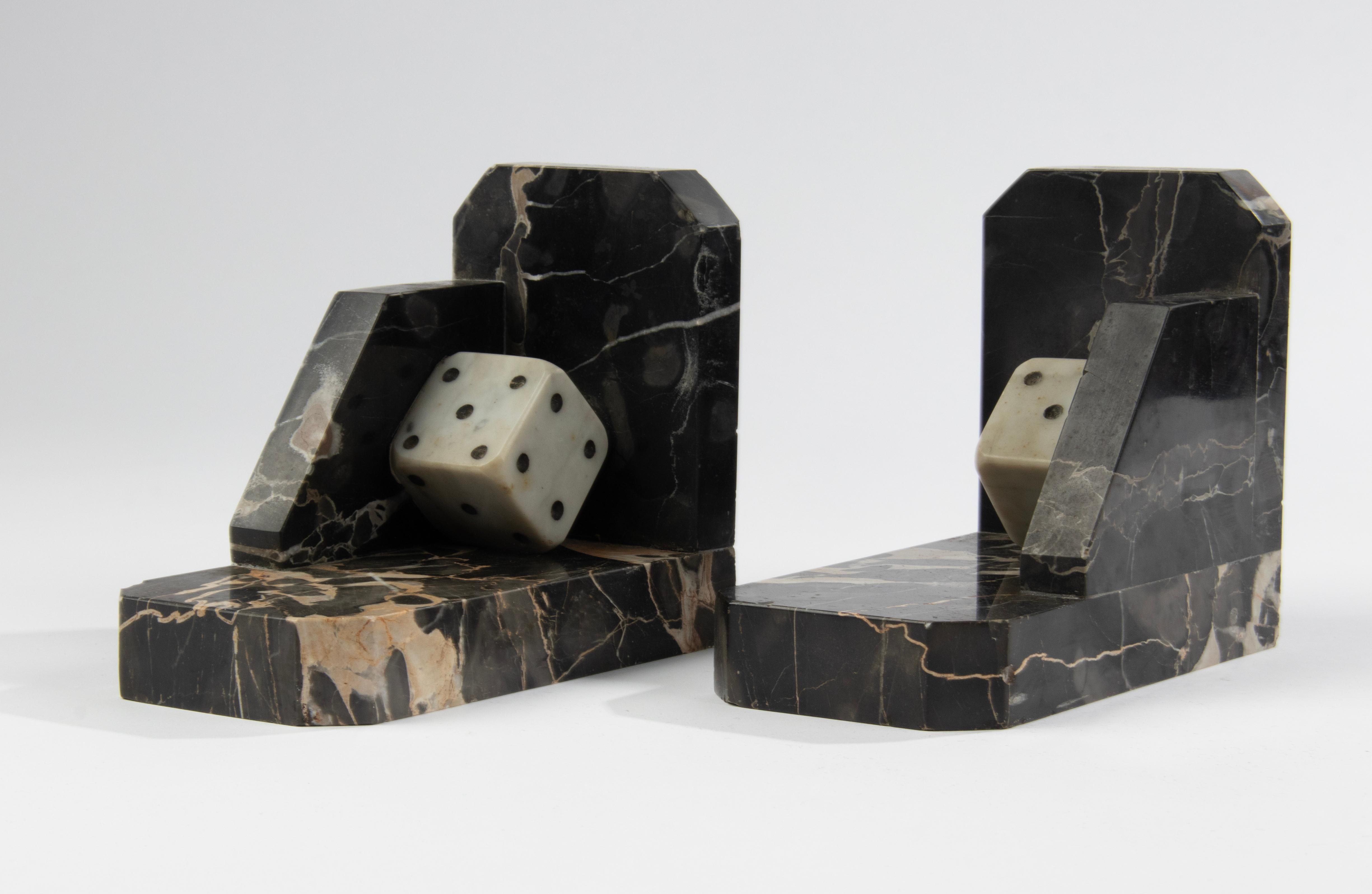 Art Deco Period Marble Bookends with Sculpted Dice For Sale 4