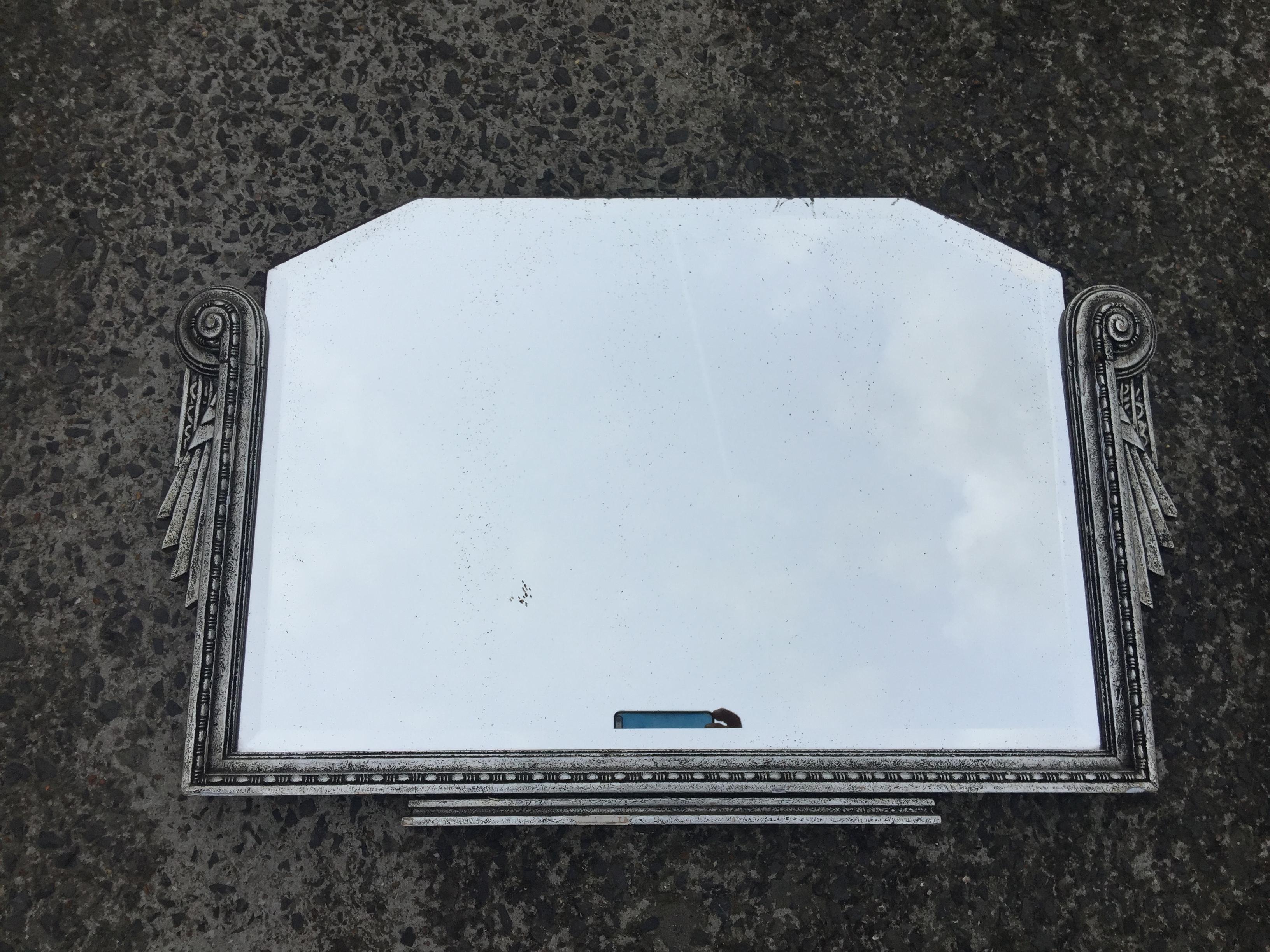 Patinated Art Deco Period Mirror in Carved and Silvered Wood, Around 1930, Good Condition For Sale