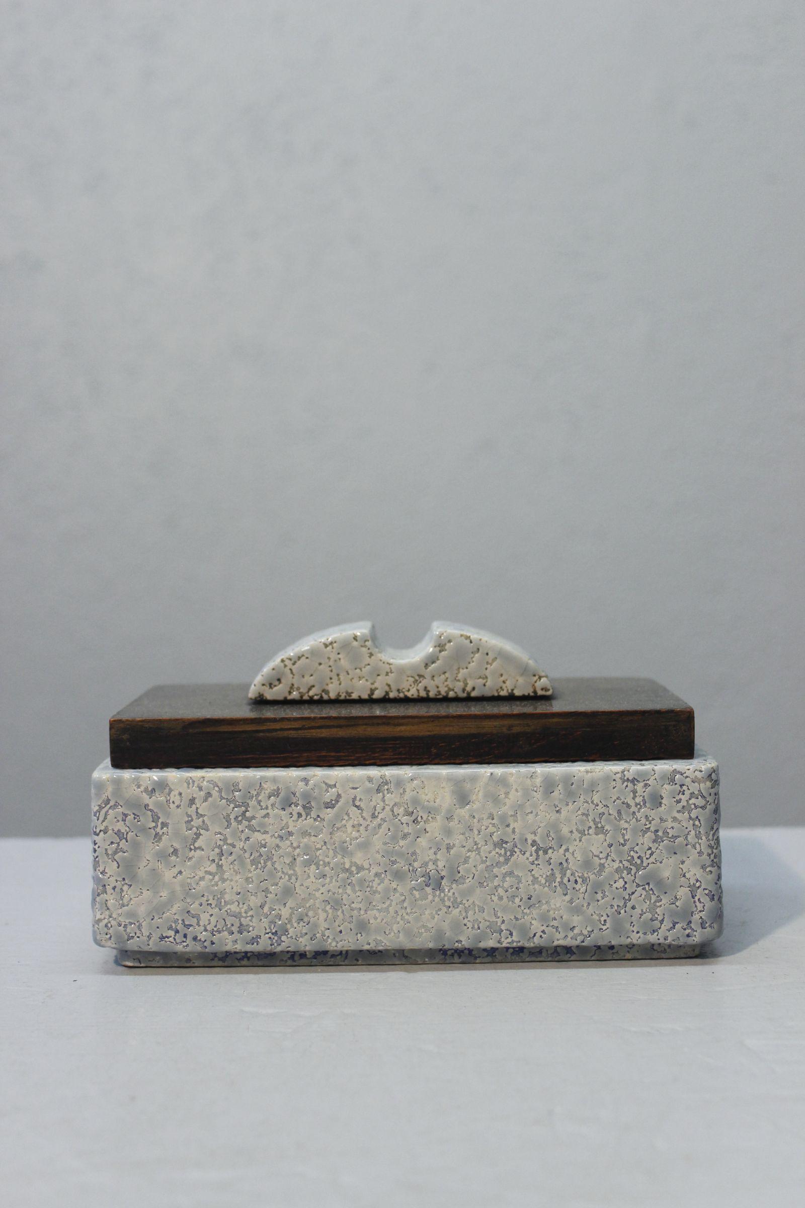 Encantadora caja de loza modernista con esmalte gris nítido, contraesmalte amarillo limón, tapa de madera barnizada realzada por un asa de loza del mismo esmalte con tres rayas negras.

Obra de mediados del siglo XX en el estilo de Jean Besnard.

En