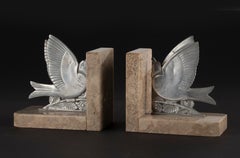 Art Deco Period Nickel Plated Brass Bookends with Birds