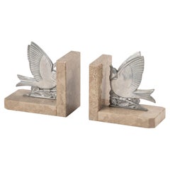 Art Deco Period Nickel Plated Brass Bookends with Birds