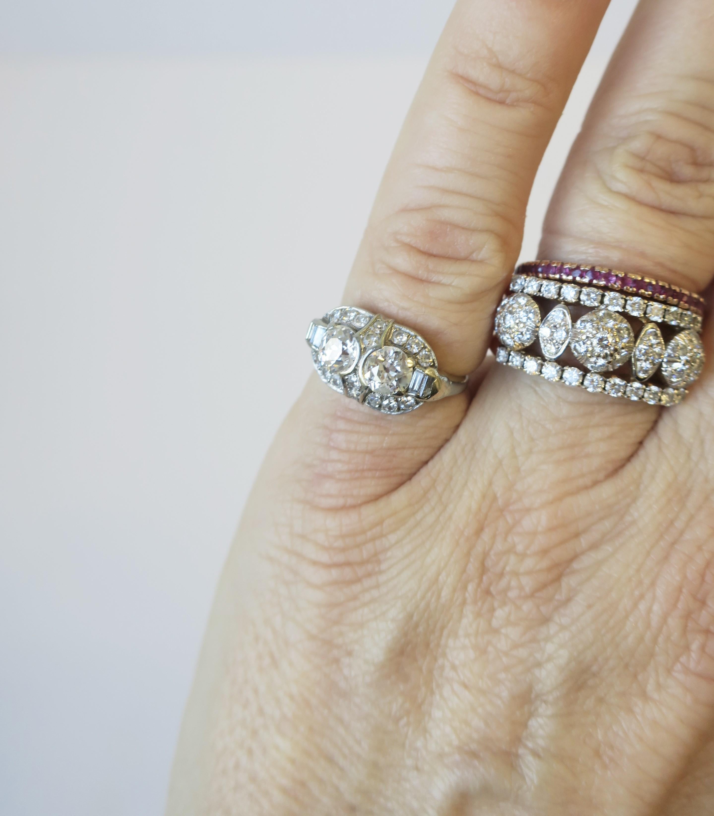Art Deco Periode Alter Europäischer Diamant Zwilling Platin Ring im Angebot 2