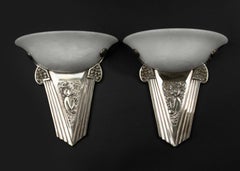 Art Deco Period Pair Chrome Sconces/Wall Lights with Alabaster Lamp Shades