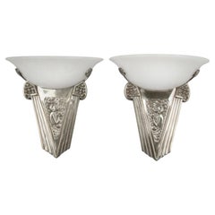 Art Deco Period Pair Chrome Sconces/Wall Lights with Alabaster Lamp Shades