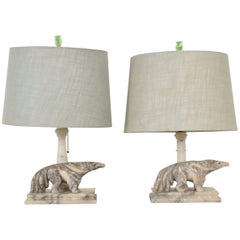 Art Deco Period Pair of Italian Alabaster Table Lamps, Anteater Sculptures