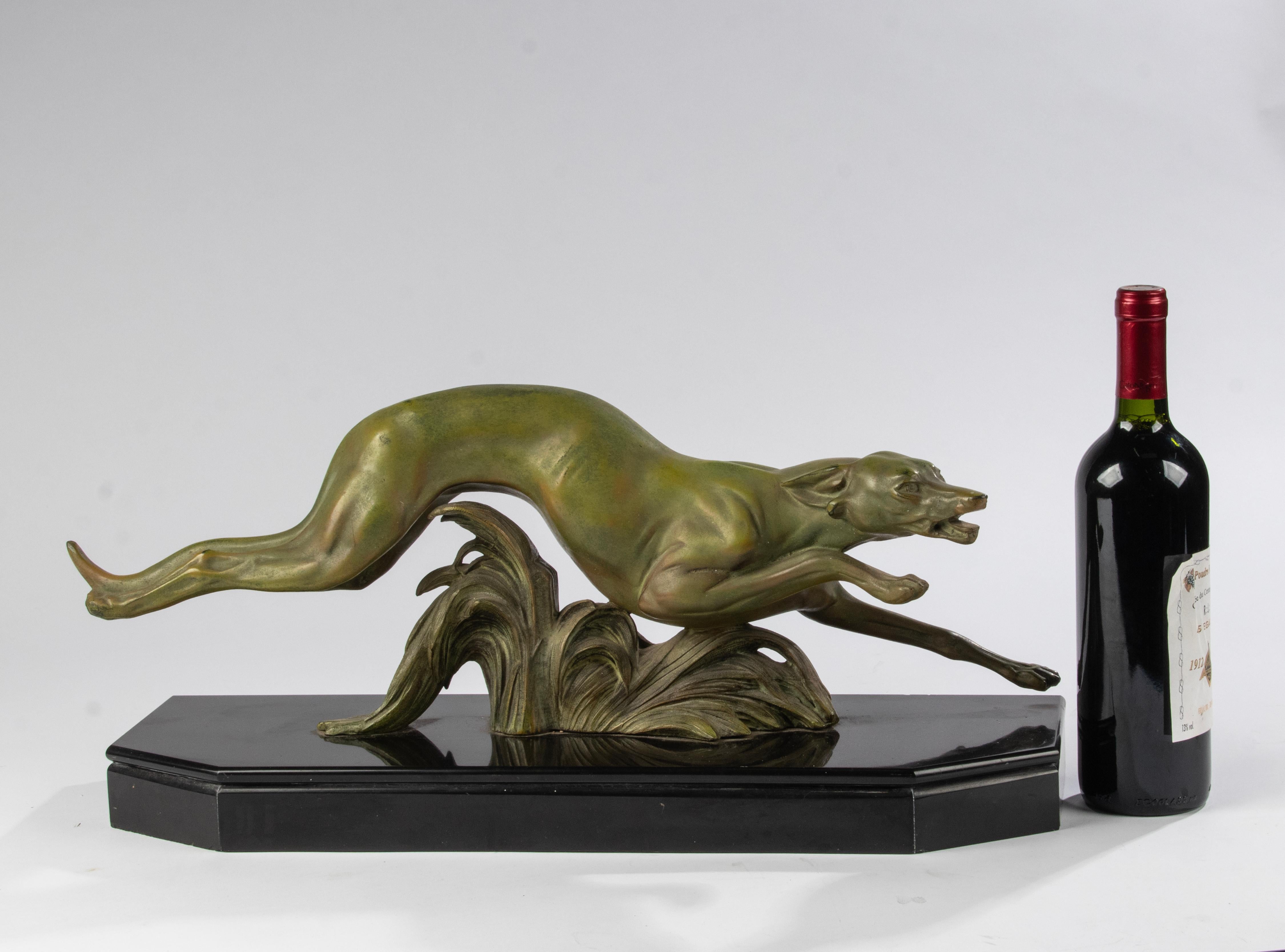 Art Deco Period Patinated Spelter Sculpture Whippet / Greyhound Dog For Sale 8