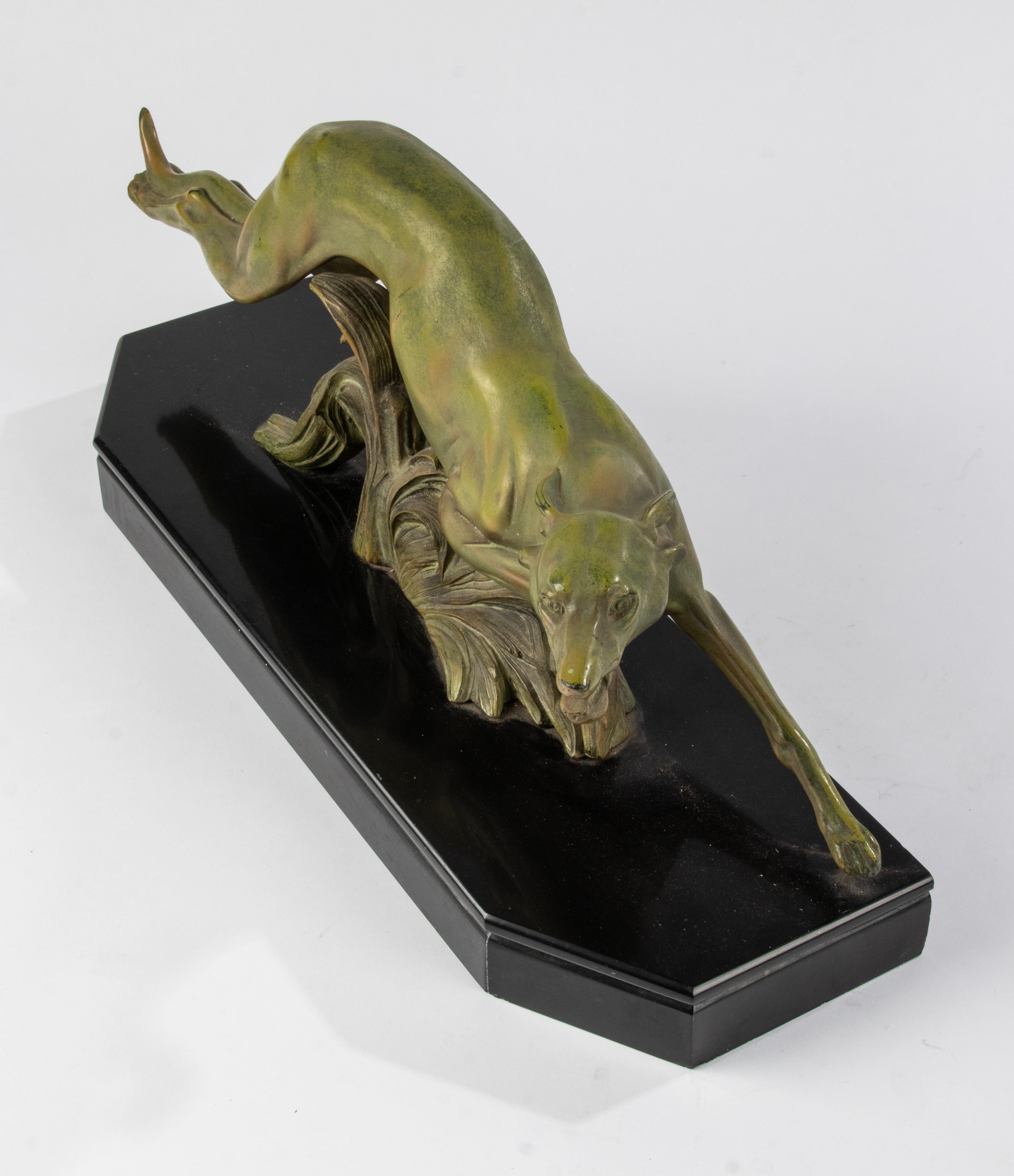 Art Deco Period Patinated Spelter Sculpture Whippet / Greyhound Dog For Sale 11