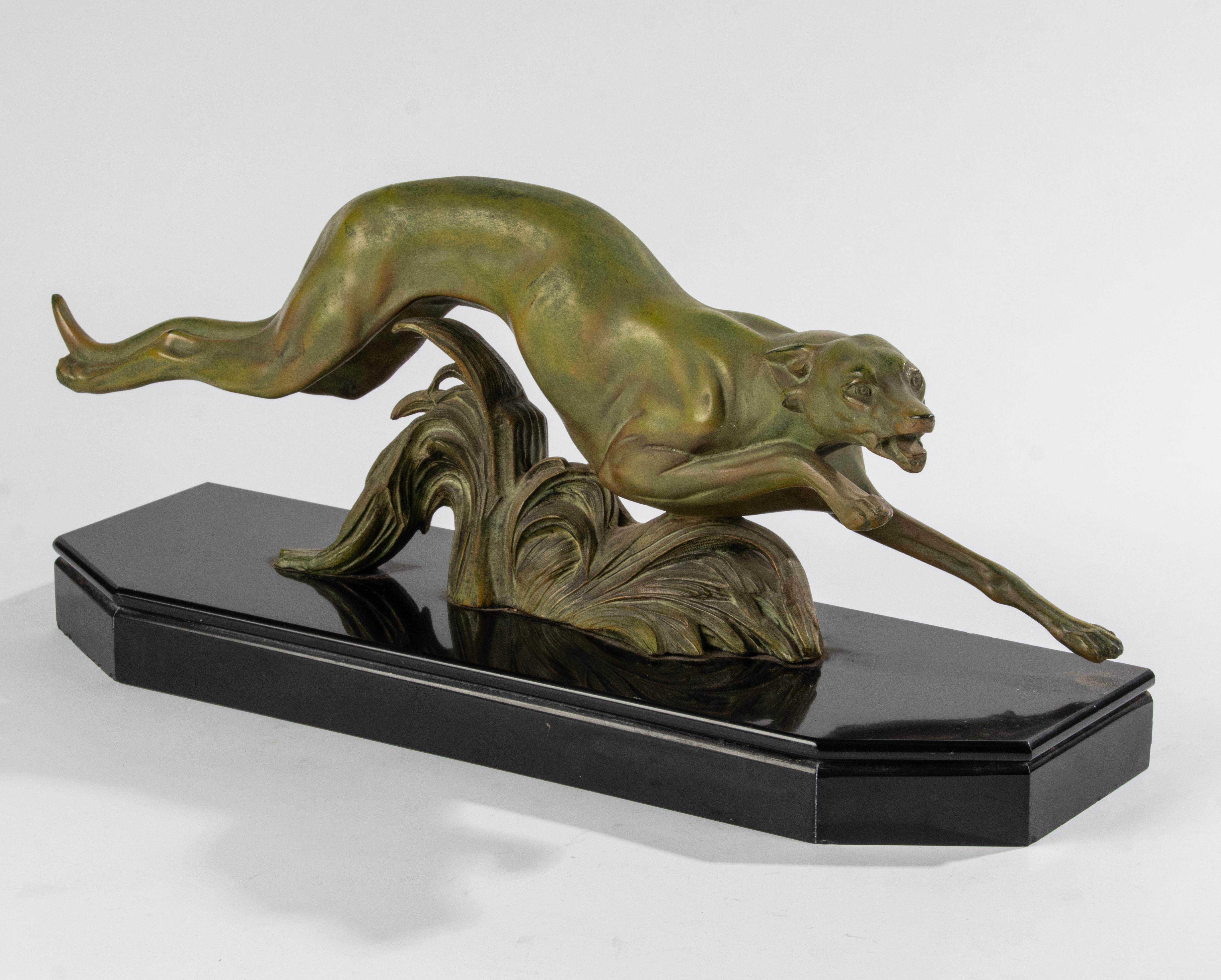 Art Deco Period Patinated Spelter Sculpture Whippet / Greyhound Dog For Sale 13