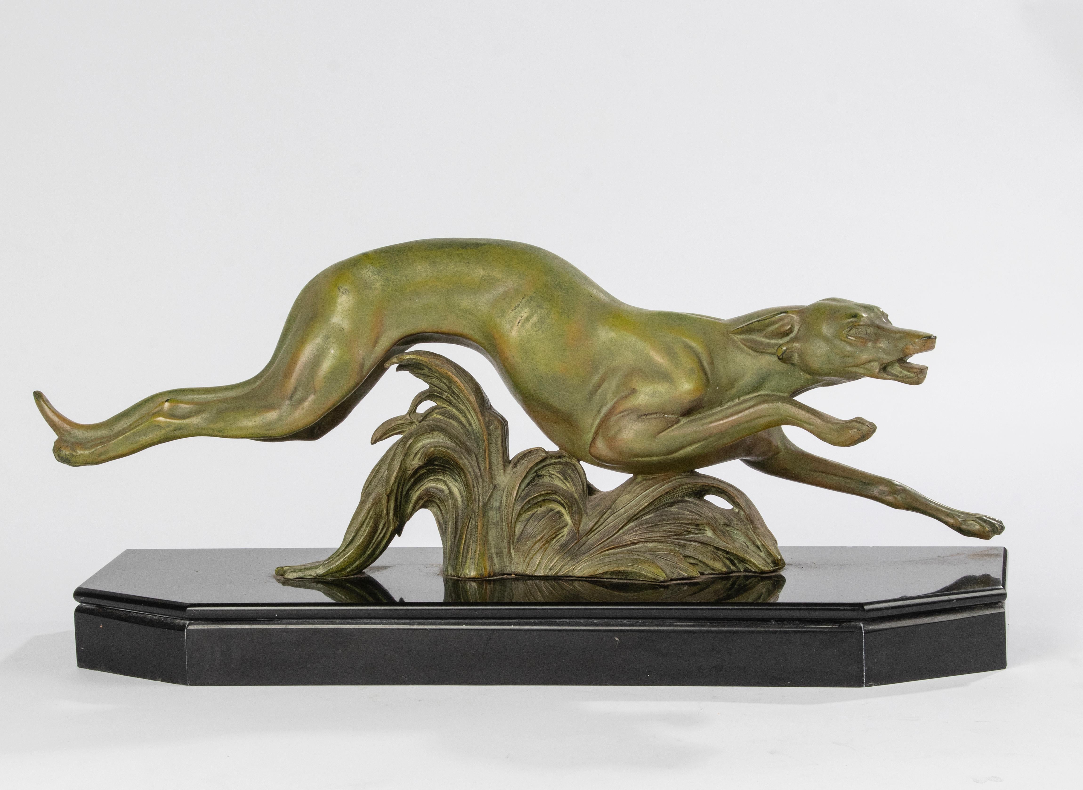 French Art Deco Period Patinated Spelter Sculpture Whippet / Greyhound Dog For Sale