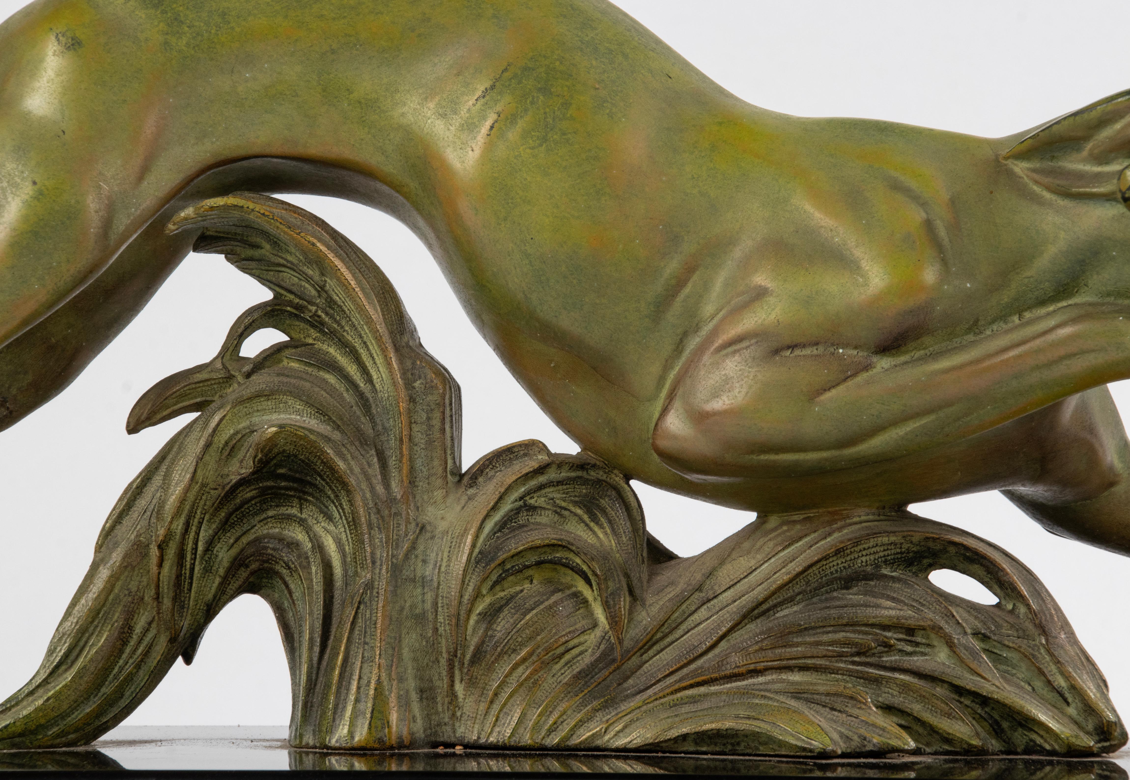 Art Deco Period Patinated Spelter Sculpture Whippet / Greyhound Dog In Good Condition For Sale In Casteren, Noord-Brabant