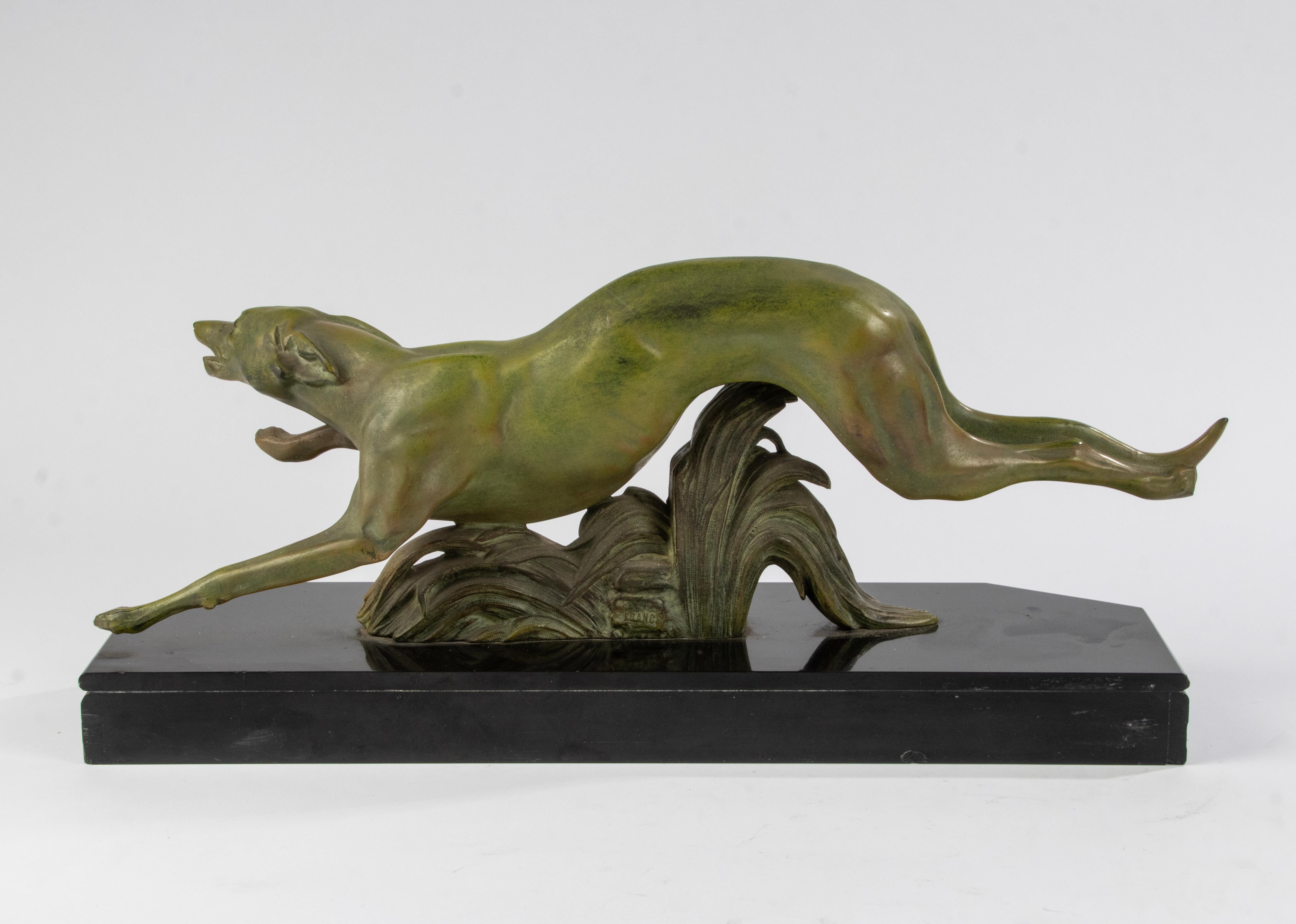 Art Deco Period Patinated Spelter Sculpture Whippet / Greyhound Dog For Sale 1