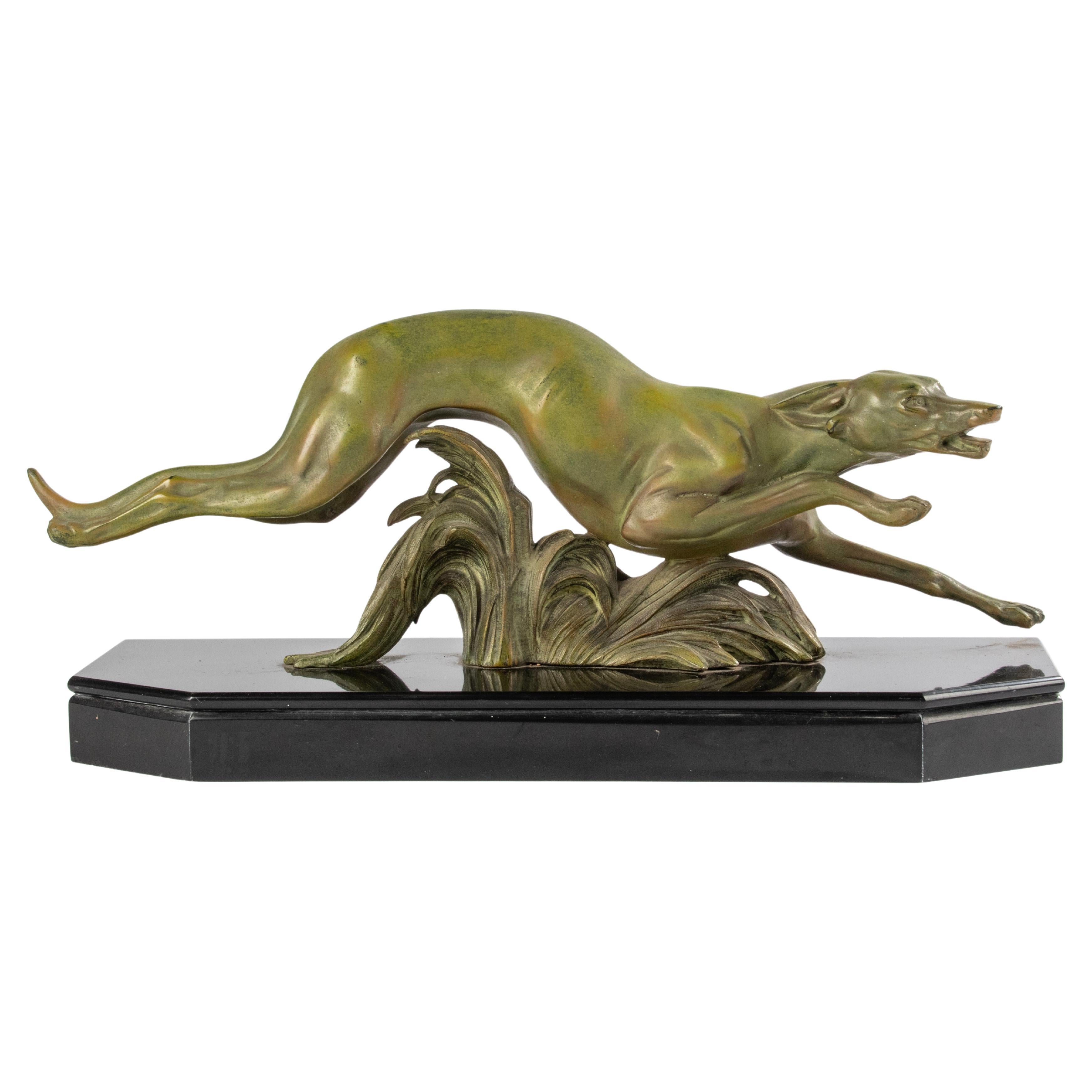 Art Deco Period Patinated Spelter Sculpture Whippet / Greyhound Dog For Sale
