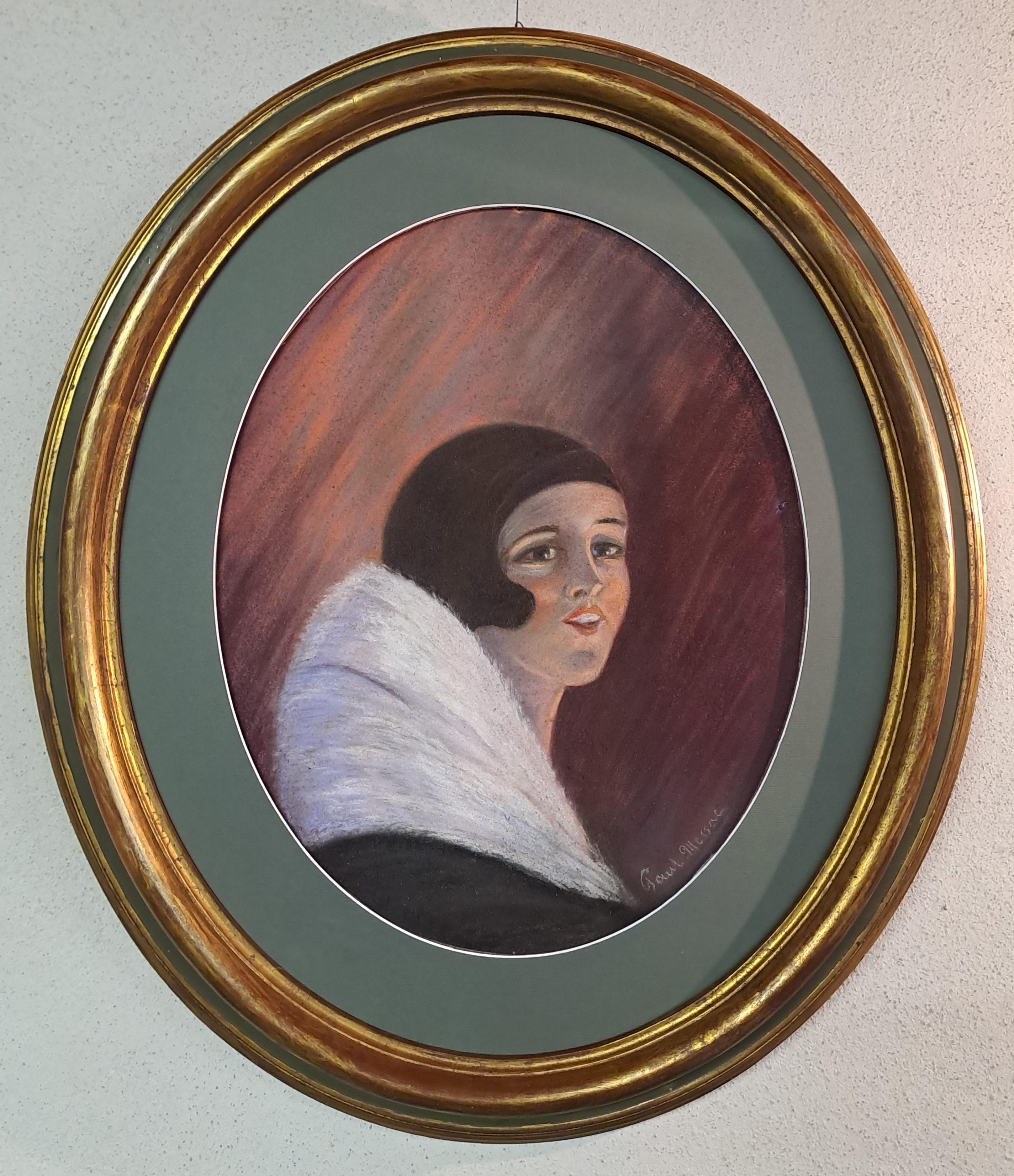 Precioso pastel que representa el retrato de una dama con un chal blanco y un suave corte 