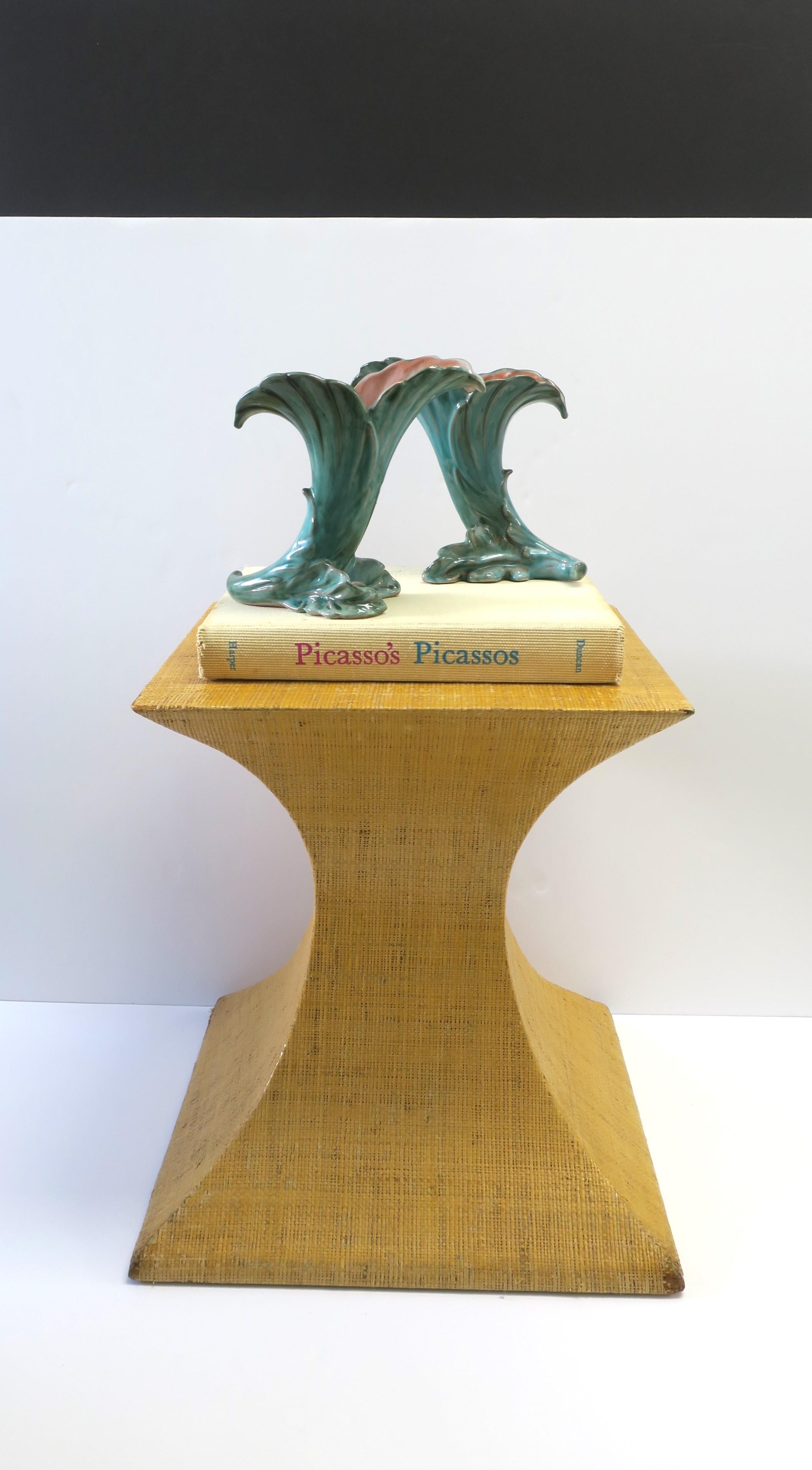 Art Deco Period Pottery Vases with Green Leaf Design by Stangl, Pair 2