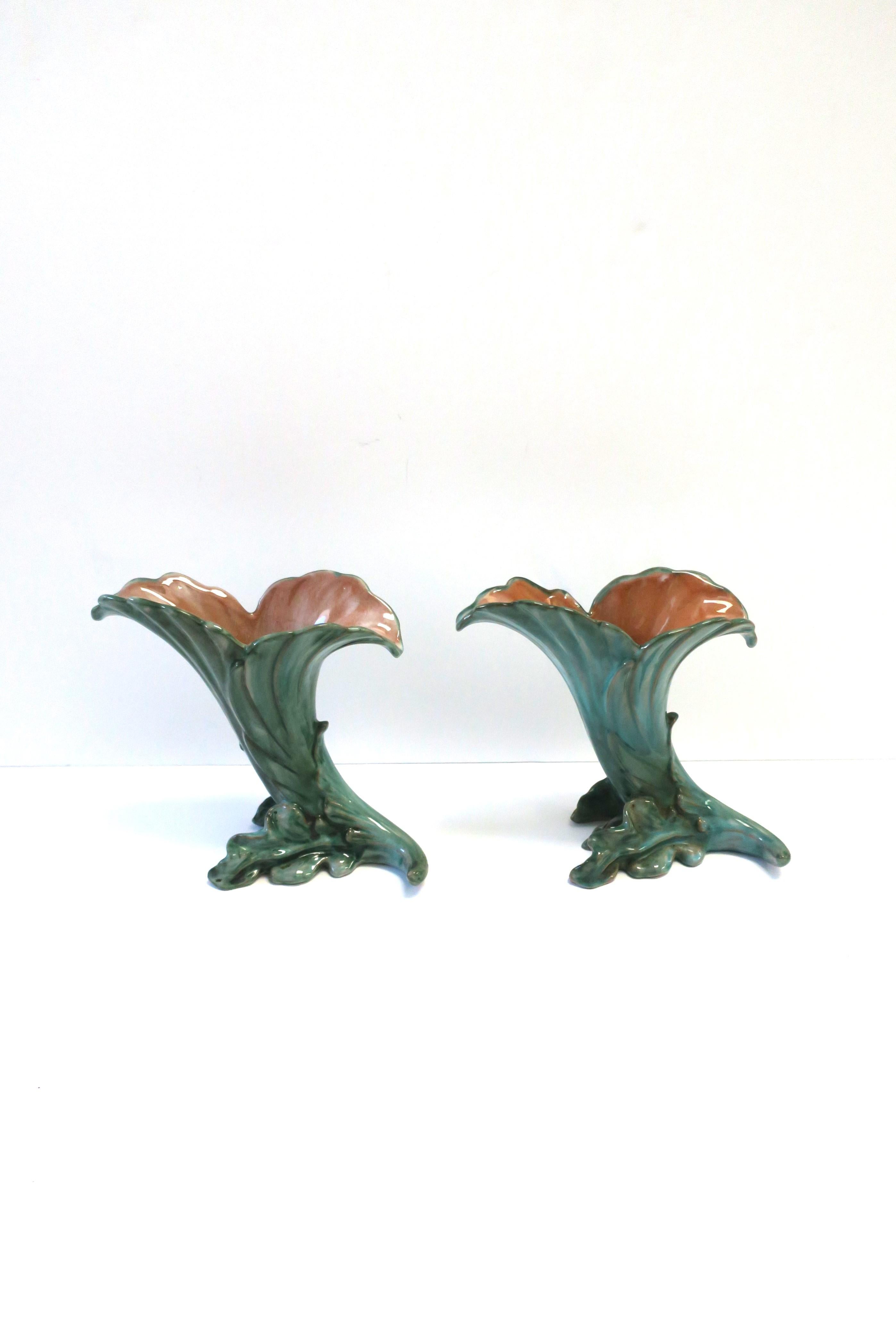 American Art Deco Period Pottery Vases with Green Leaf Design by Stangl, Pair