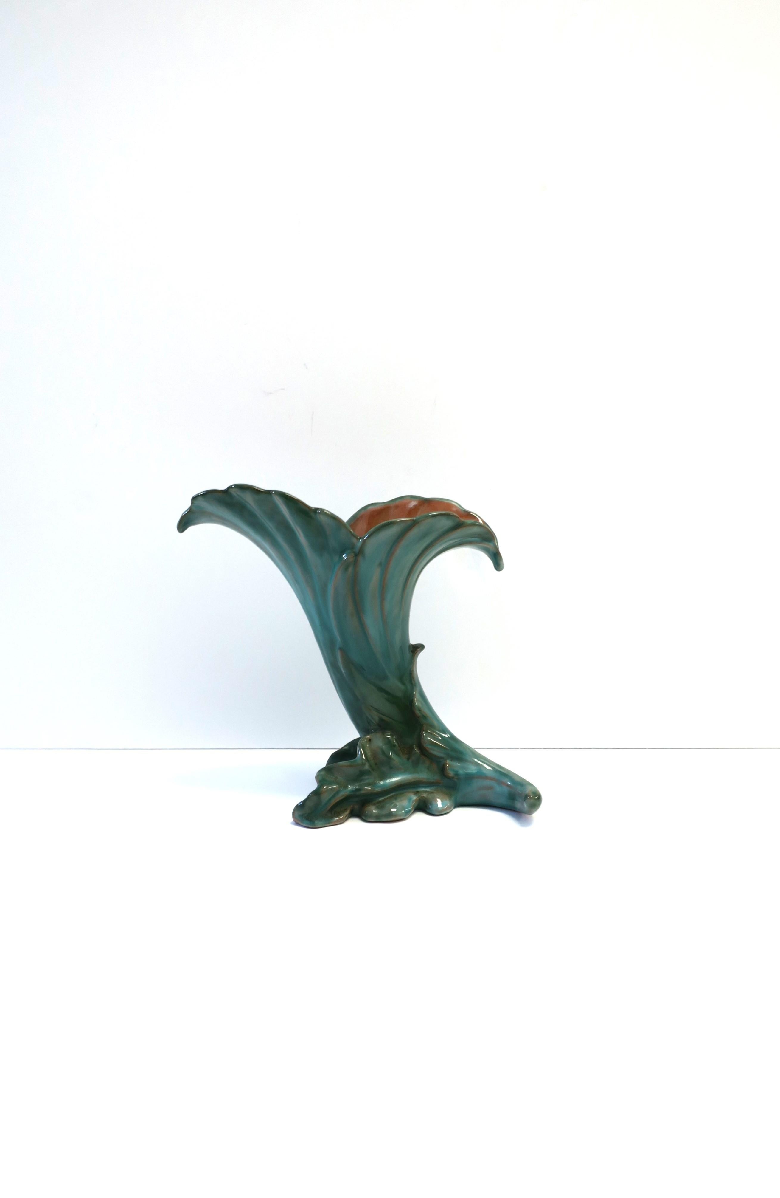 Glazed Art Deco Period Pottery Vases with Green Leaf Design by Stangl, Pair