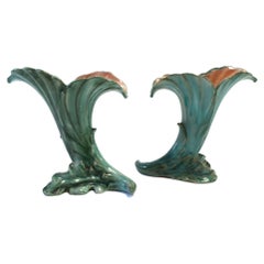 Art Deco Period Pottery Vases with Green Leaf Design by Stangl, Pair