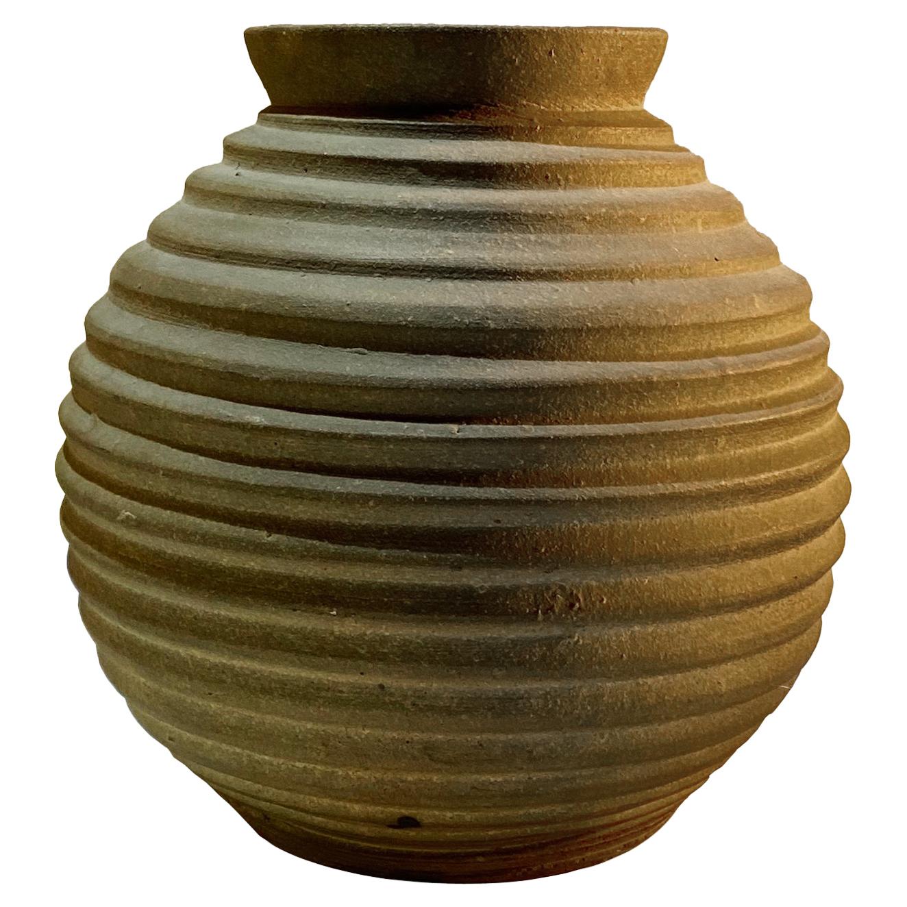 Art Deco Period Ribbed Raw Ceramic Vase, Hungary, 1930s For Sale