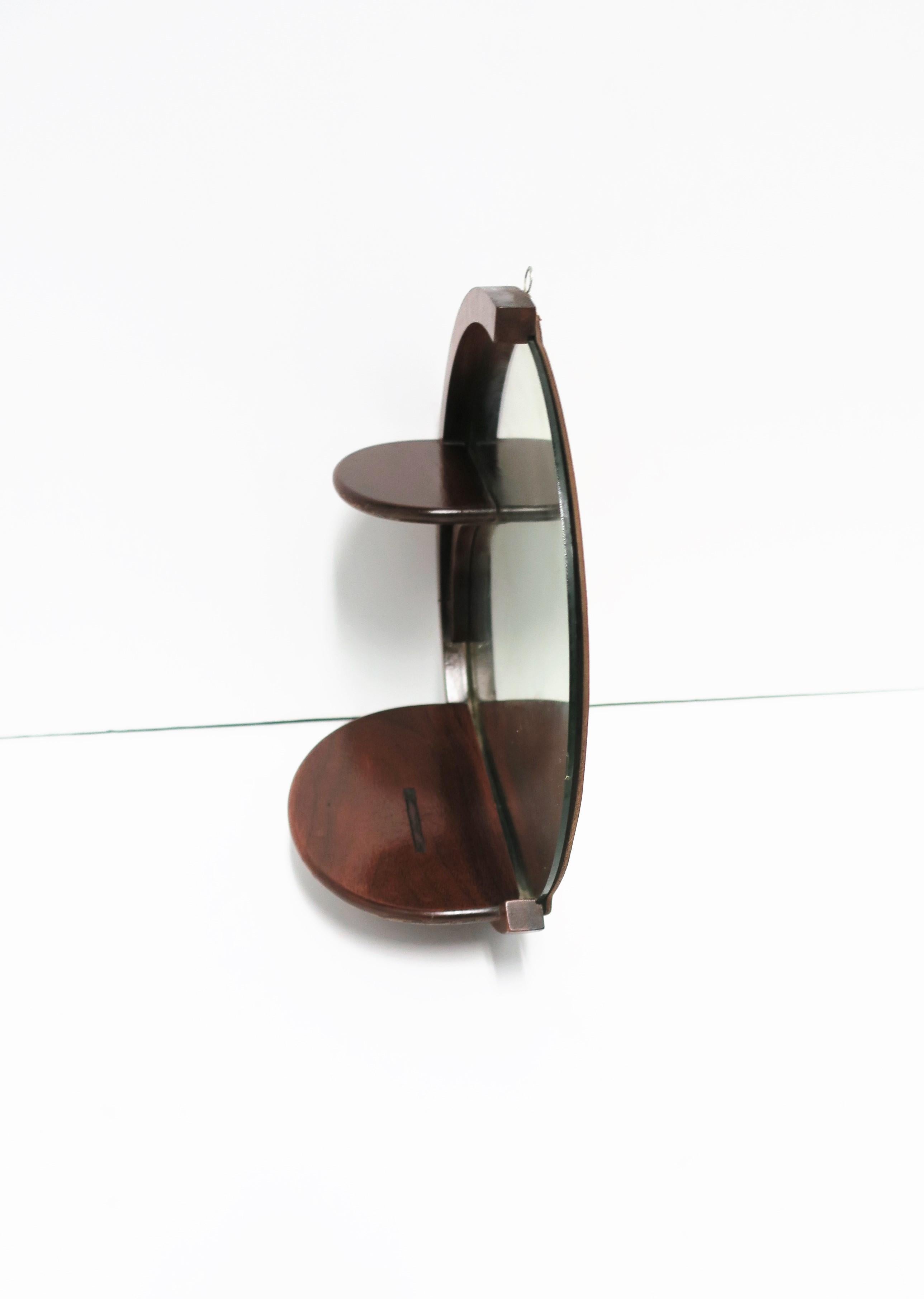 Art Deco Period Round Wood Wall Mirror with Shelf, Small 4