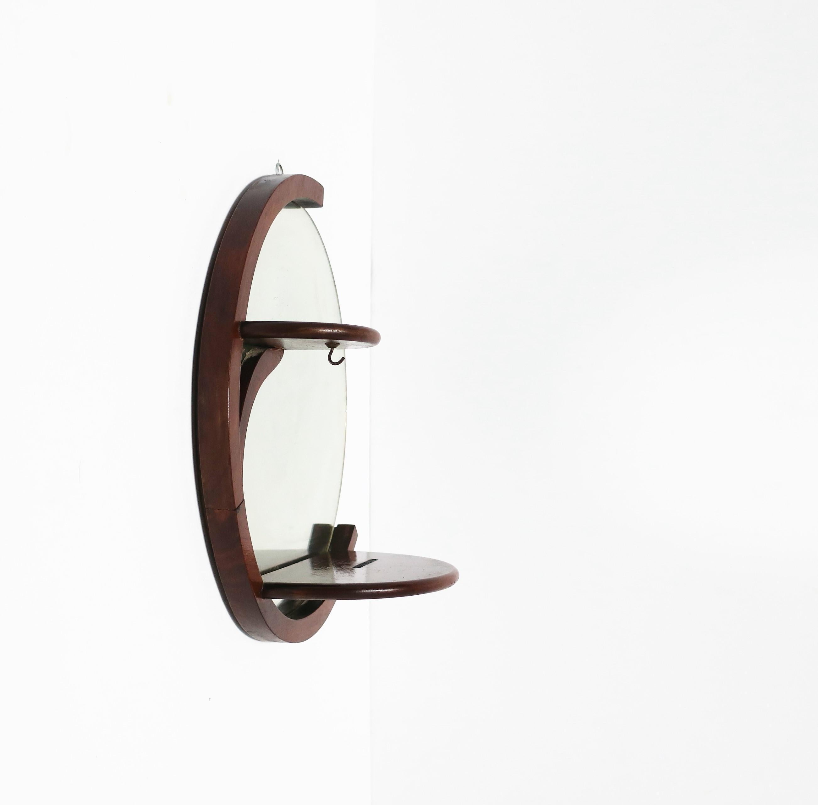 round wood mirror with shelf