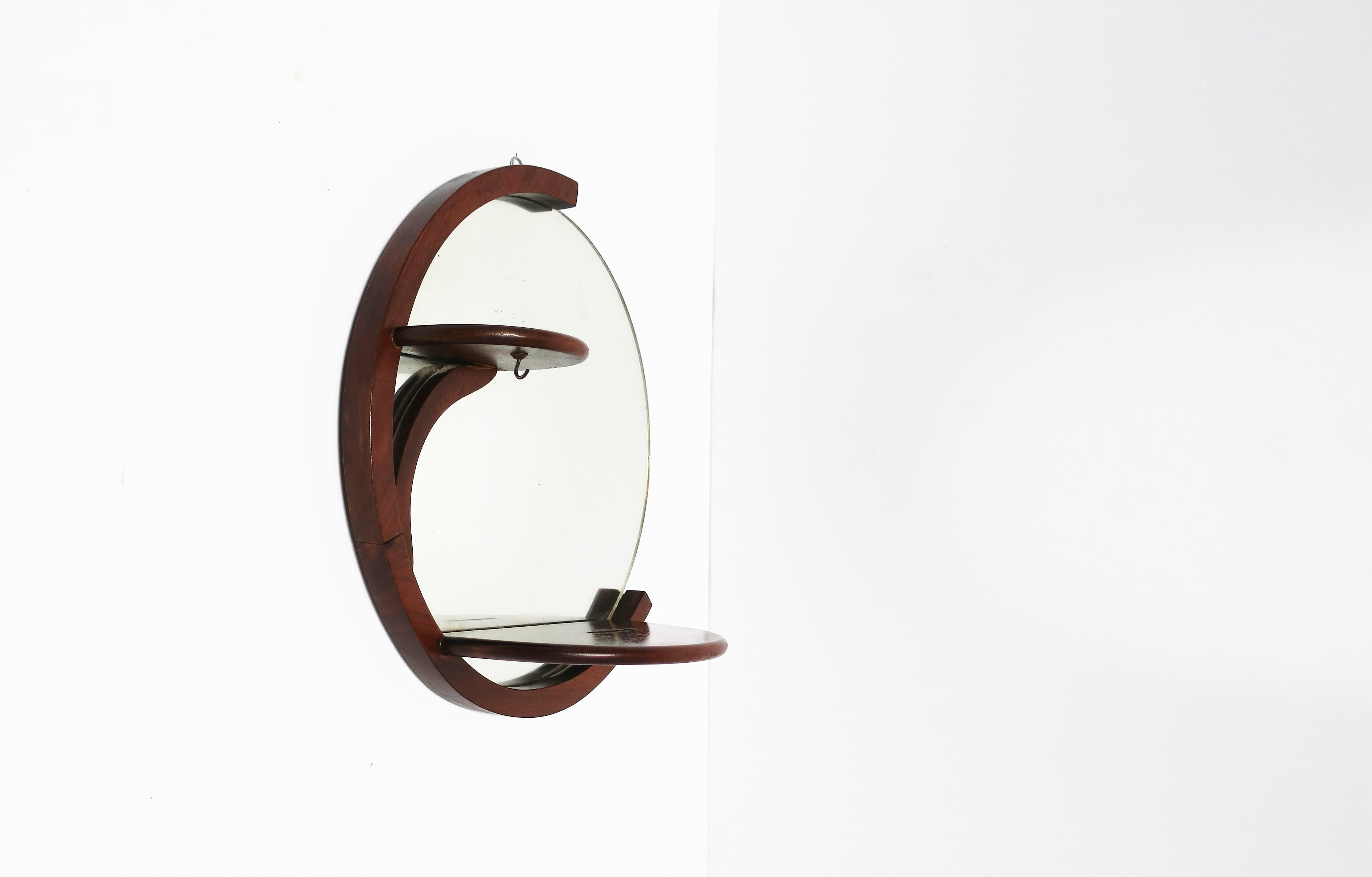 Art Deco Period Round Wood Wall Mirror with Shelf, Small In Good Condition In New York, NY