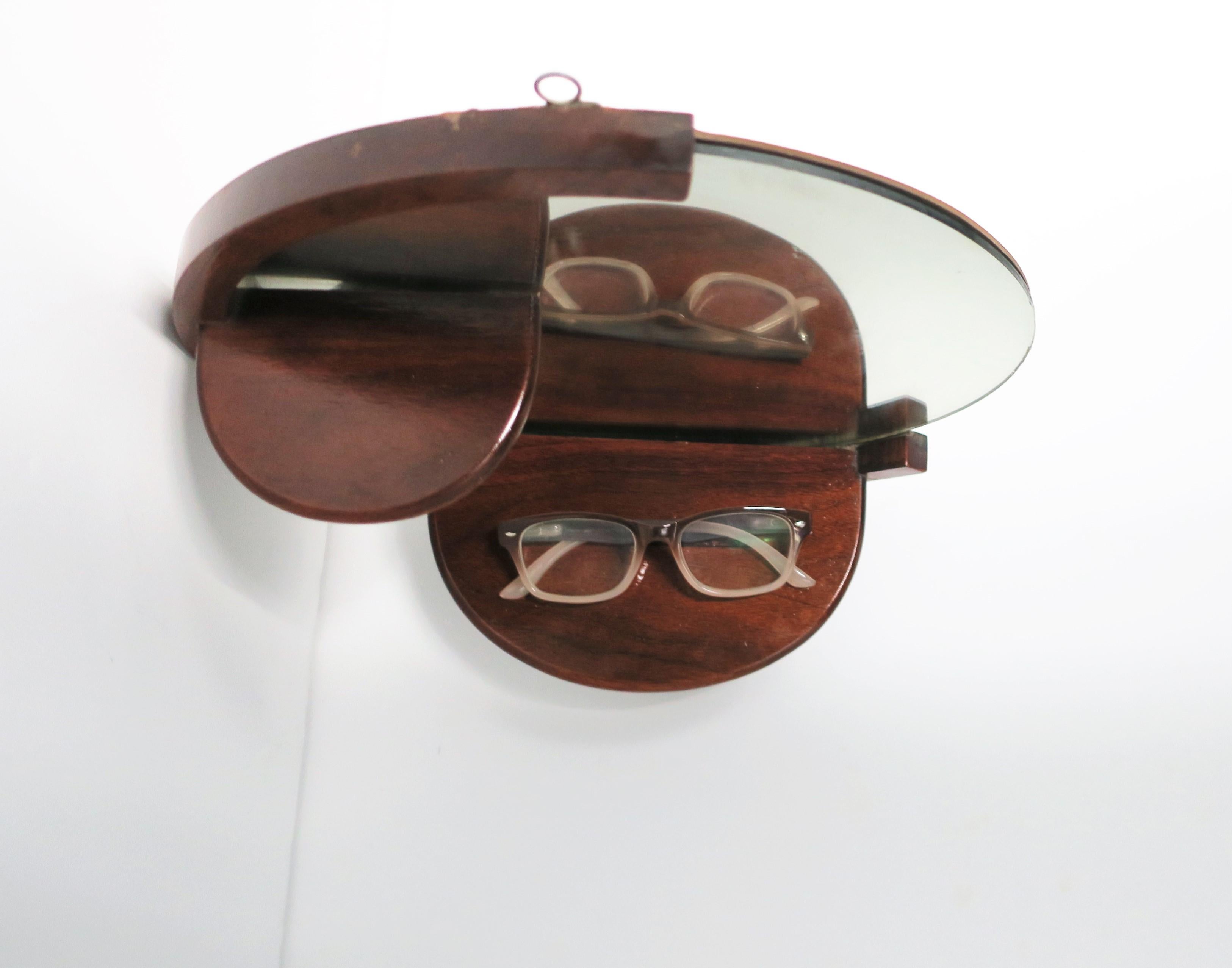 Mid-20th Century Art Deco Period Round Wood Wall Mirror with Shelf, Small