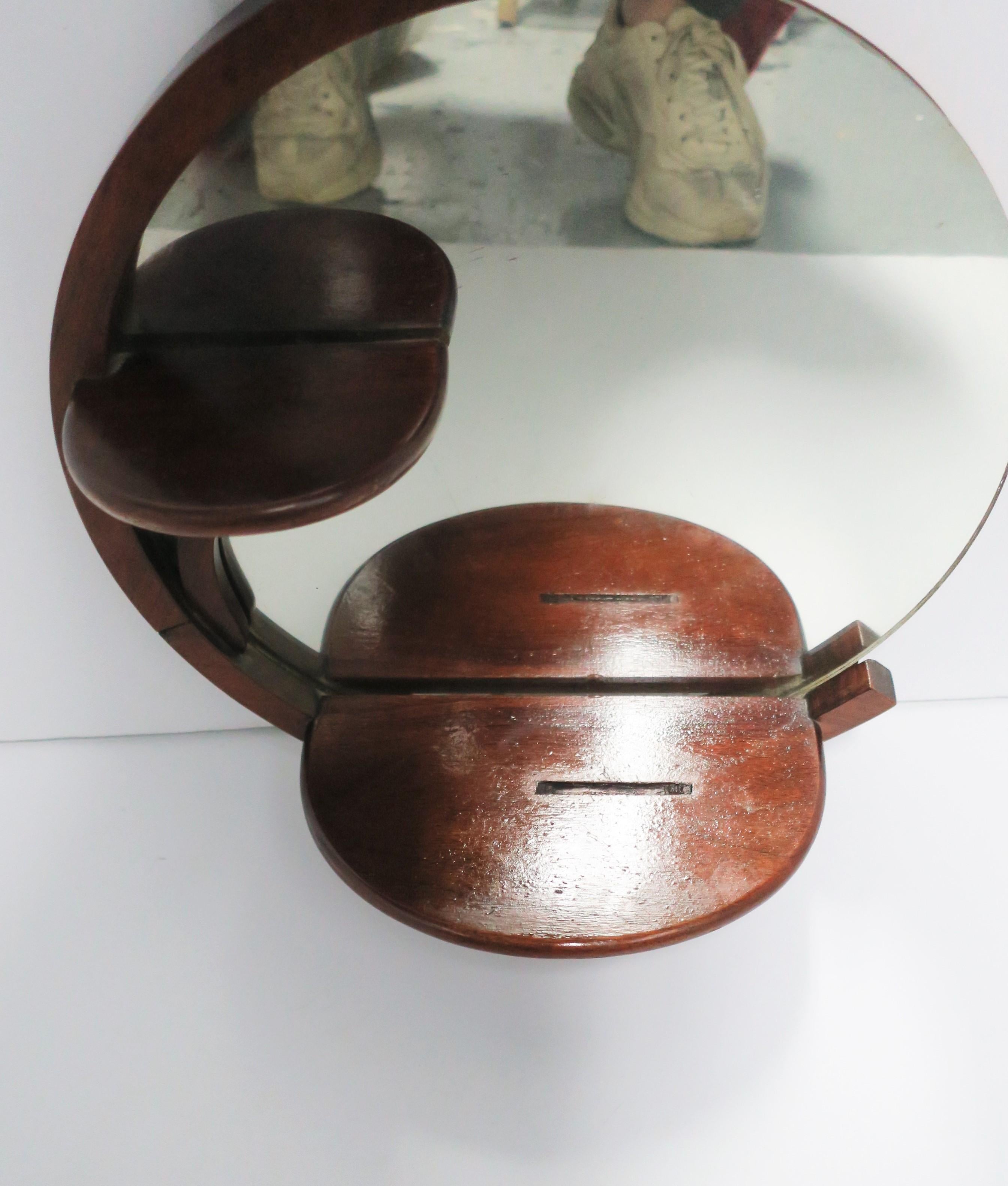 Art Deco Period Round Wood Wall Mirror with Shelf, Small 1