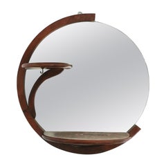 Art Deco Period Round Wood Wall Mirror with Shelf, Small