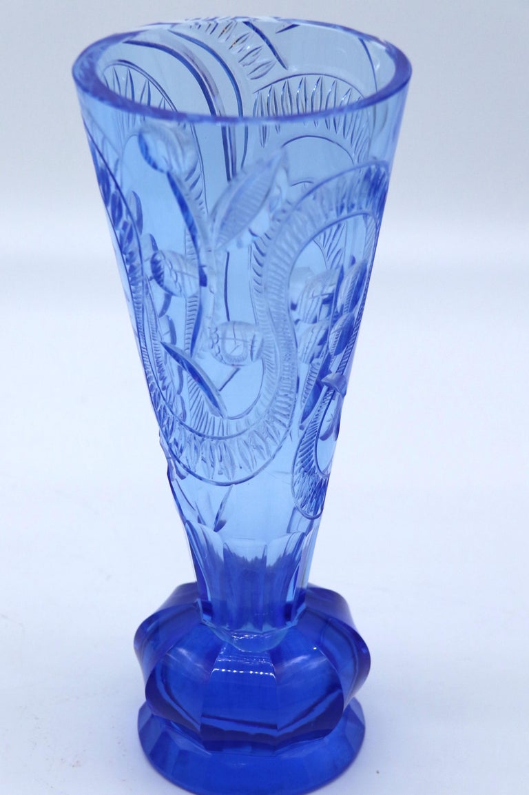 Art Deco Aquamarine Cyan Vaseline Uranium Glass Vase 1930' H