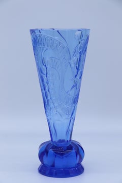 Art Deco period sapphire blue cut glass vase, circa 1930
