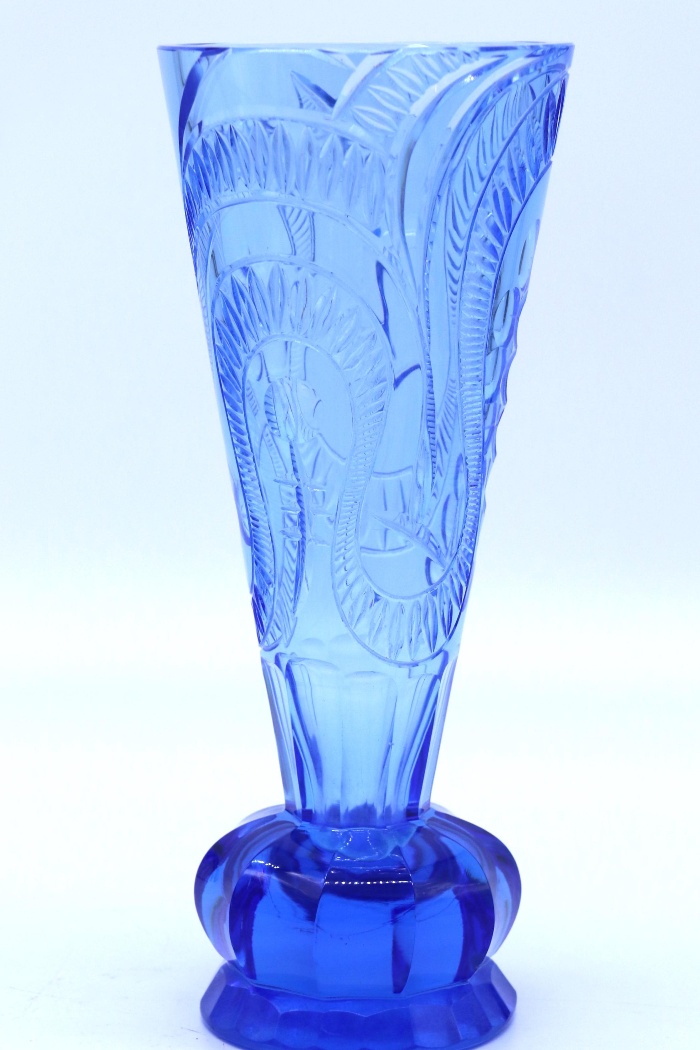 Glass Art Deco period sapphire blue cut glass vase, circa 1930 For Sale