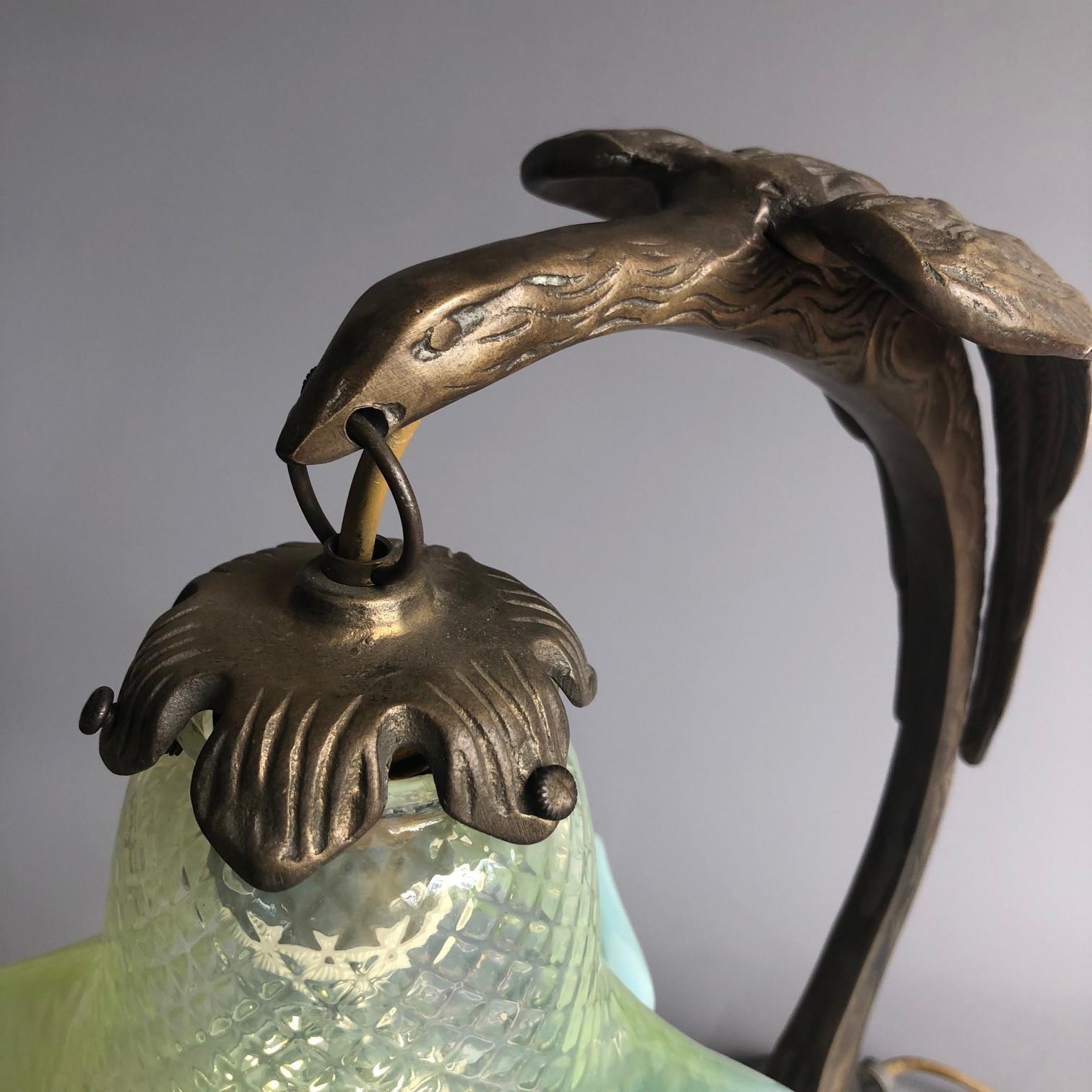 Mid-20th Century Art Deco Period Sculptural Falcon Brass and Petroleum Shade Table Lamp, 1930s For Sale
