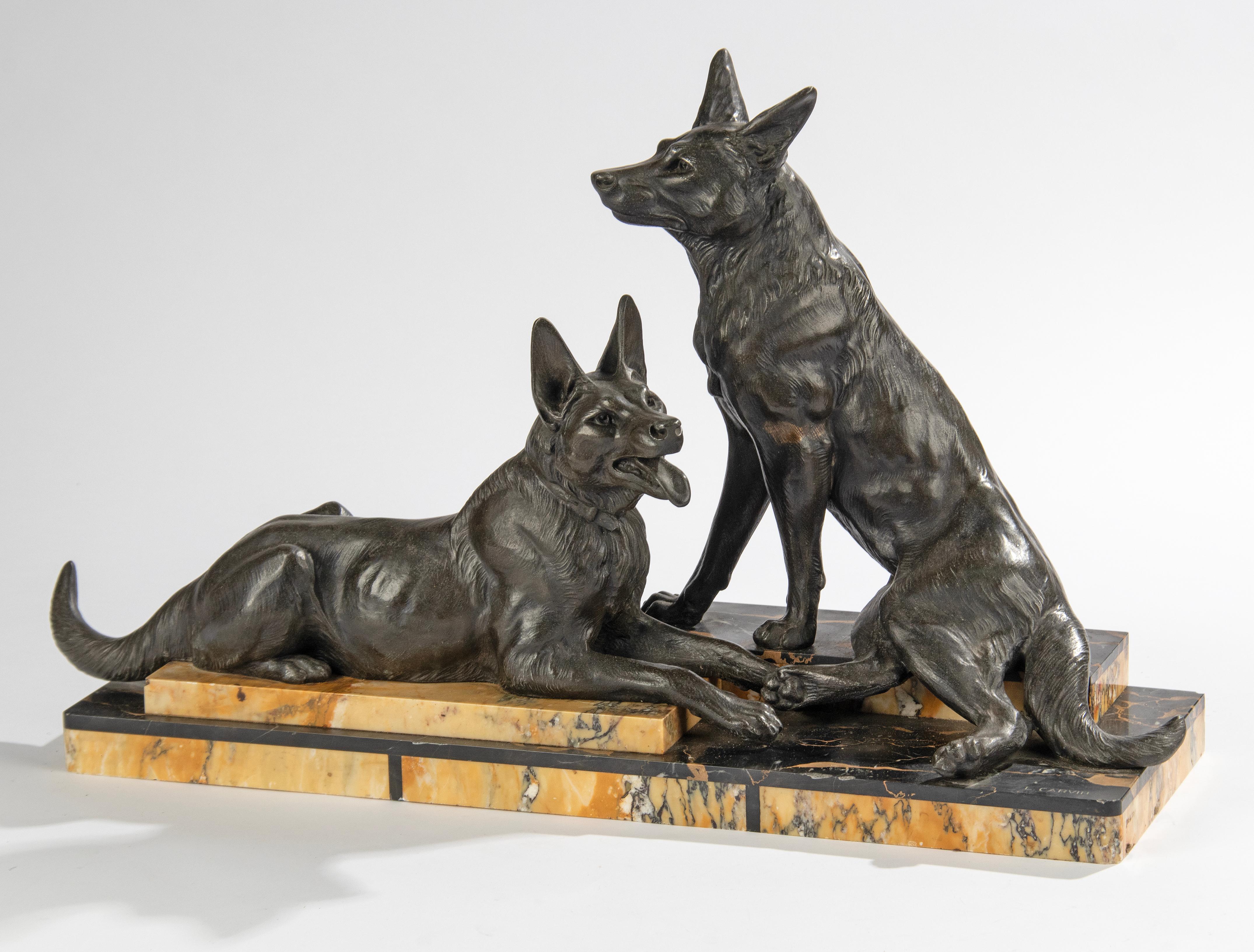 A huge sculpture of two German or Belgian Shepherds, made of patinated spelter (zinc alloy). On a marble plinth made of 'Porto Nero' marble and Sienna marble. Signed Carvin on the marble plinth. Made in France, around 1920-1930. Marble, patina and