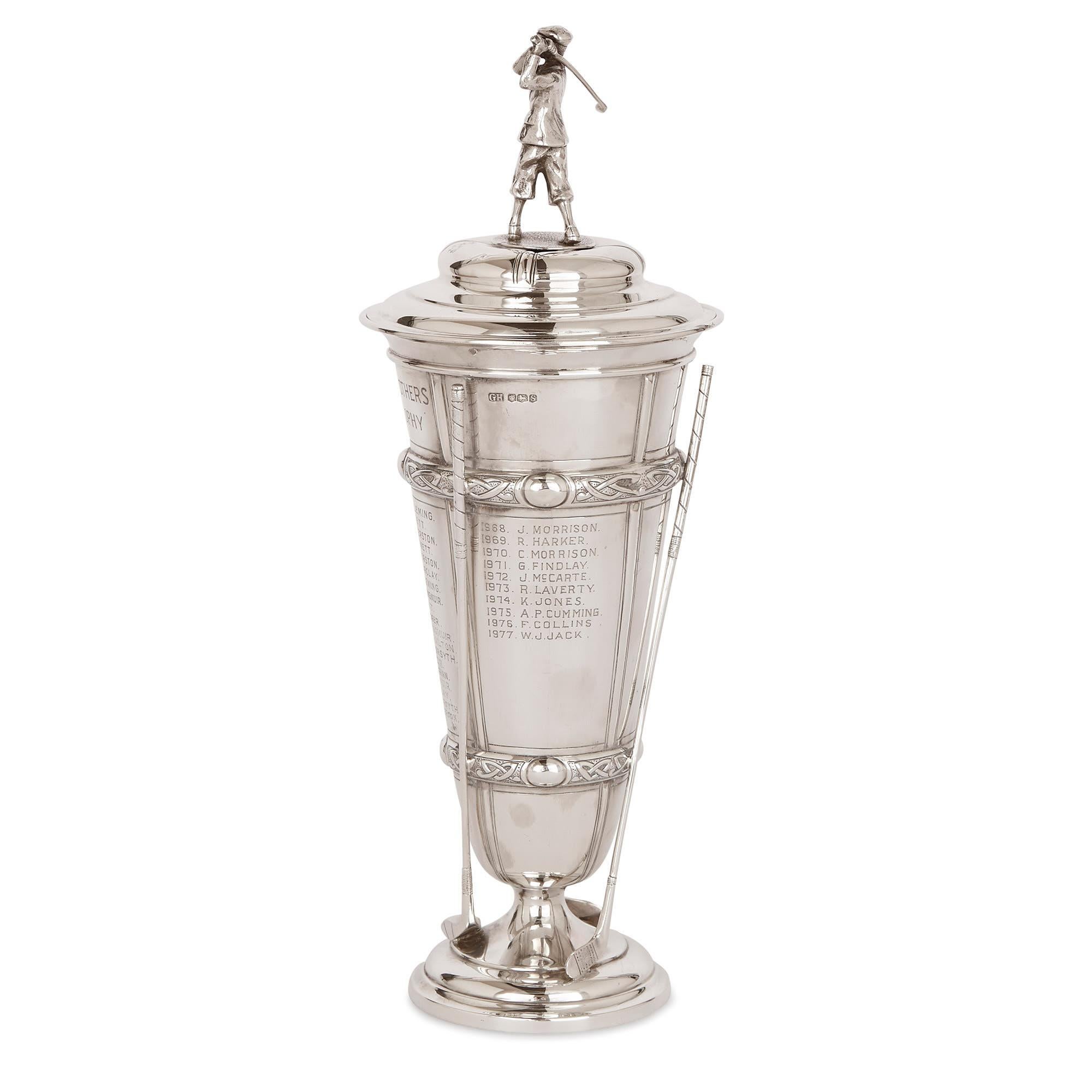 This silver cup is a wonderful piece of sporting memorabilia. The cup was presented to the winner of an annual golf tournament, which took place between 1936-1977. 

The cup is shaped like a vase, with a tall, tapered body, which stands on a