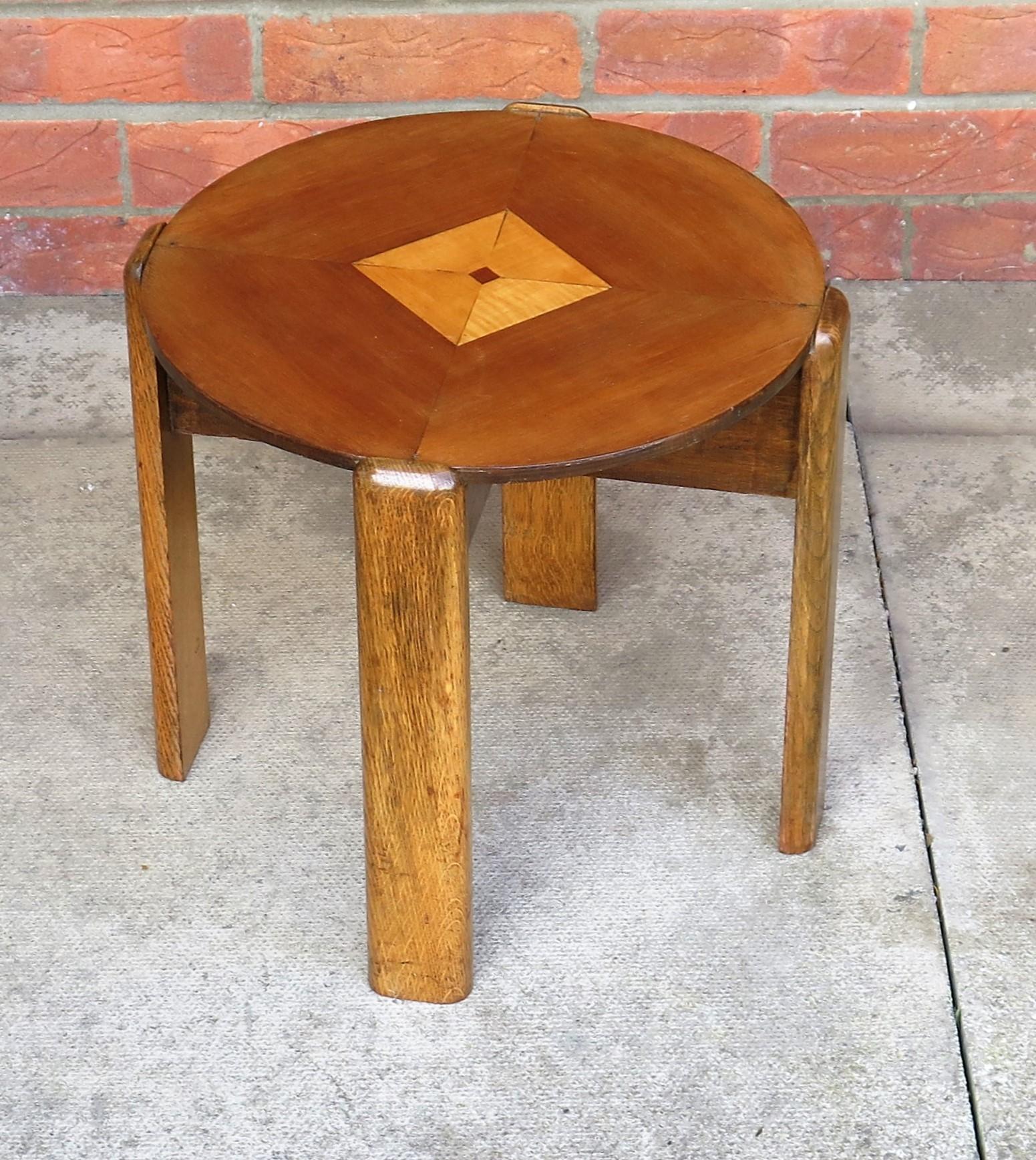 English Art Deco Period Occasional Table with Quarter Veneered Top and Oak Legs, Ca 1930 For Sale