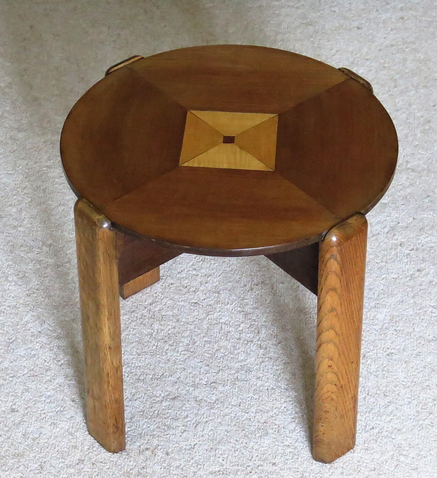 Hand-Crafted Art Deco Period Occasional Table with Quarter Veneered Top and Oak Legs, Ca 1930 For Sale