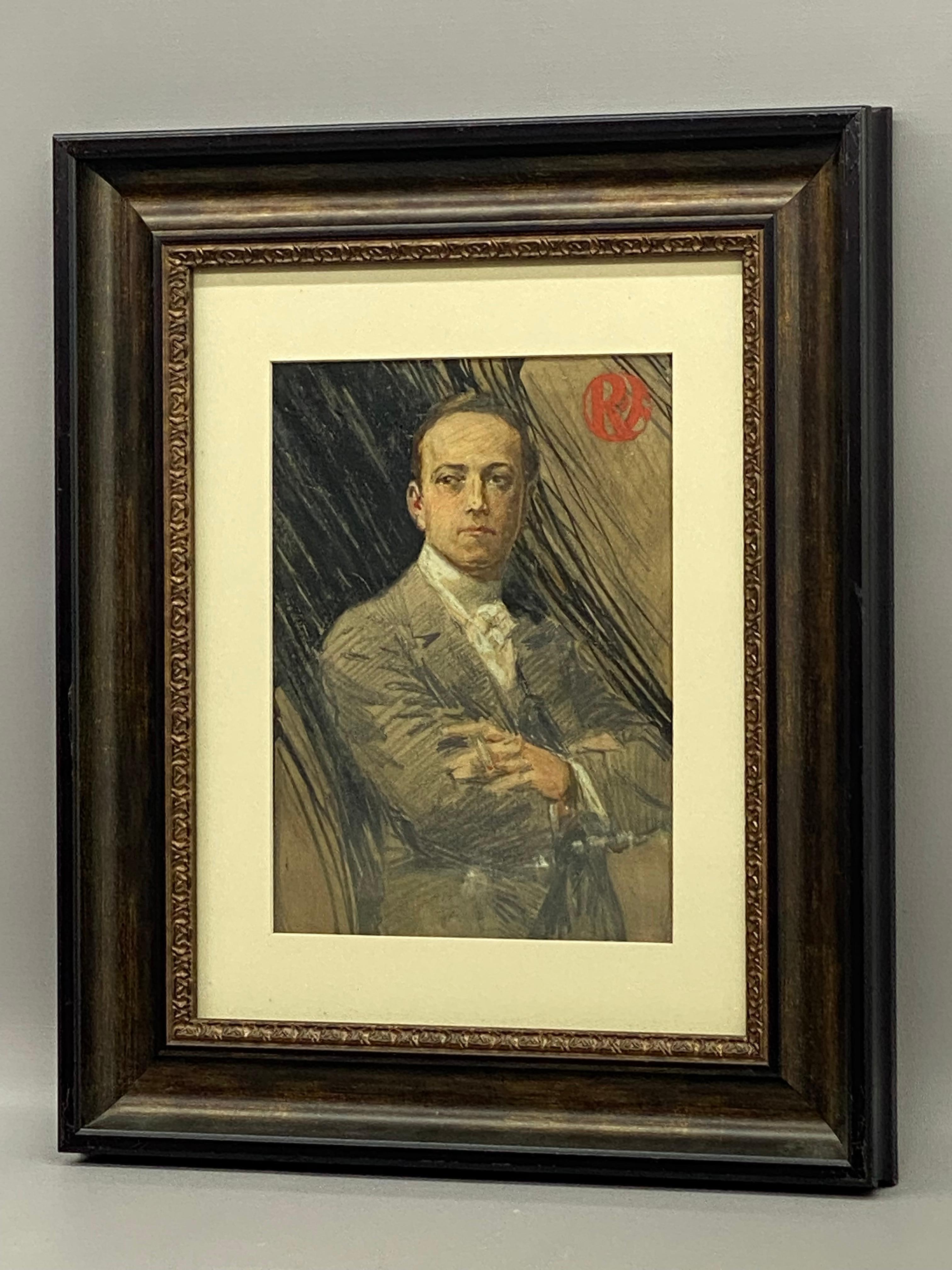 Art Déco Illustrazione dell'uomo che fuma in periodo Art Deco in vendita