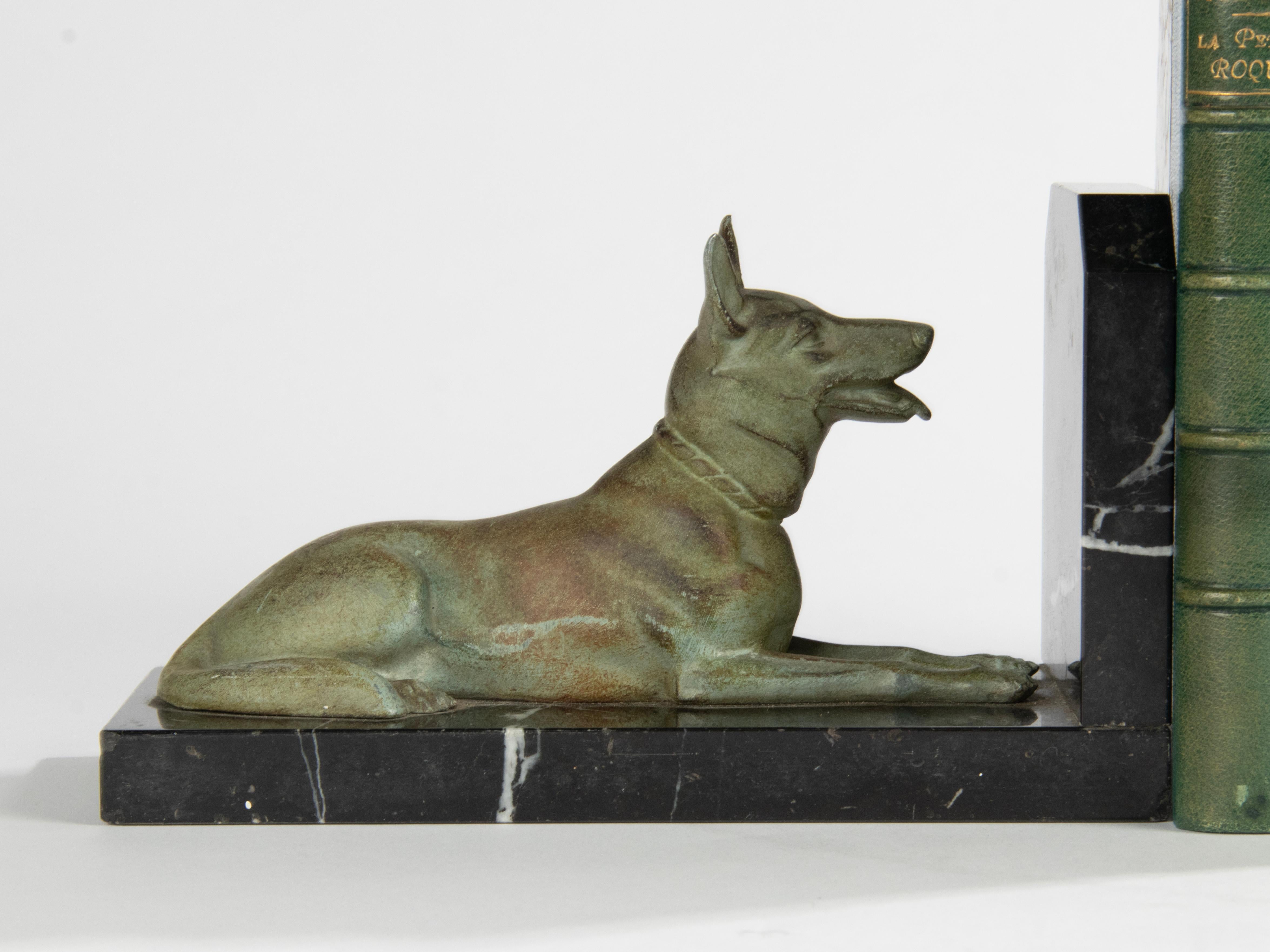 Art Deco Period Spelter and Marble Bookends with Belgian Shepherd Dogs 6