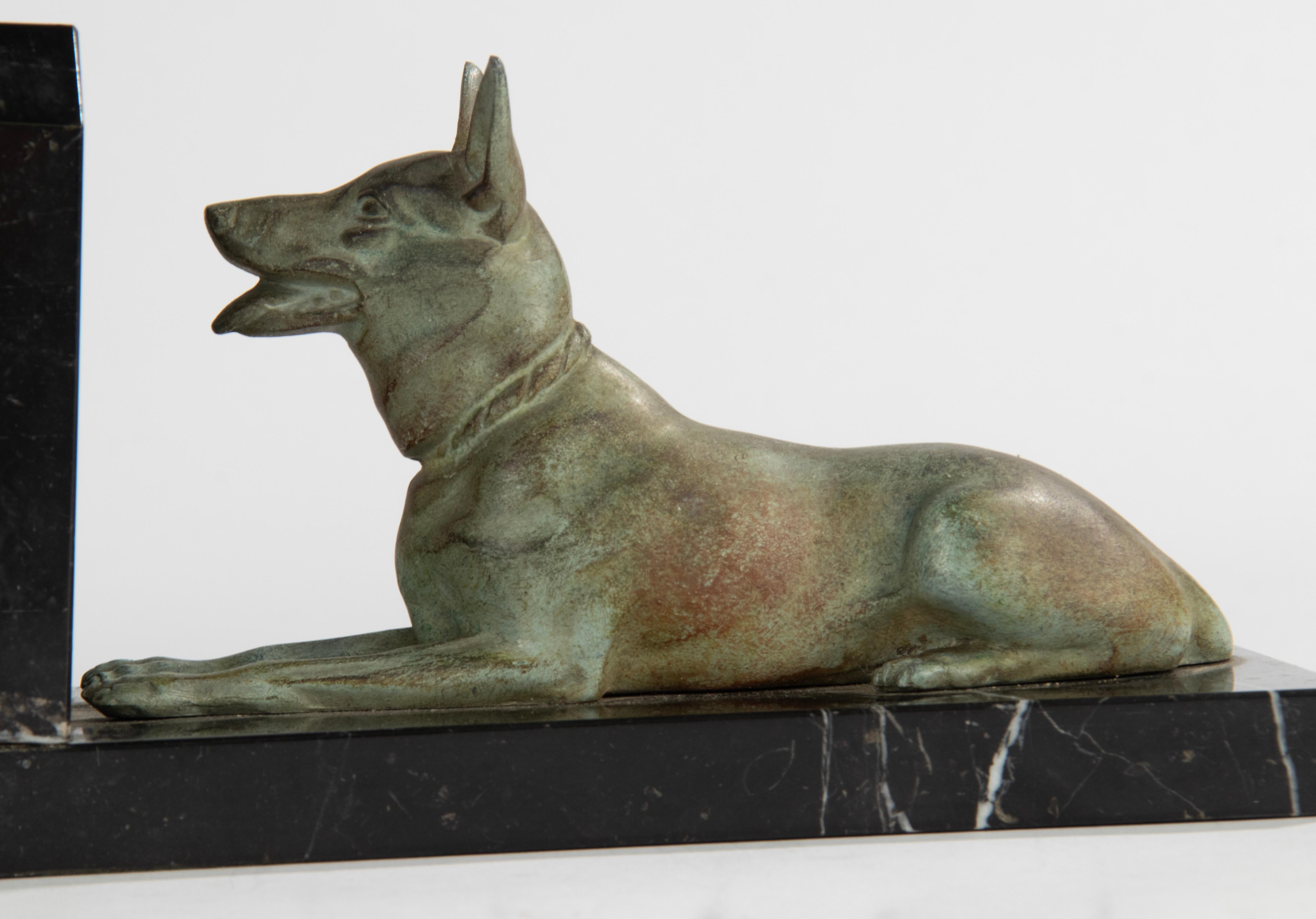 Art Deco Period Spelter and Marble Bookends with Belgian Shepherd Dogs 8