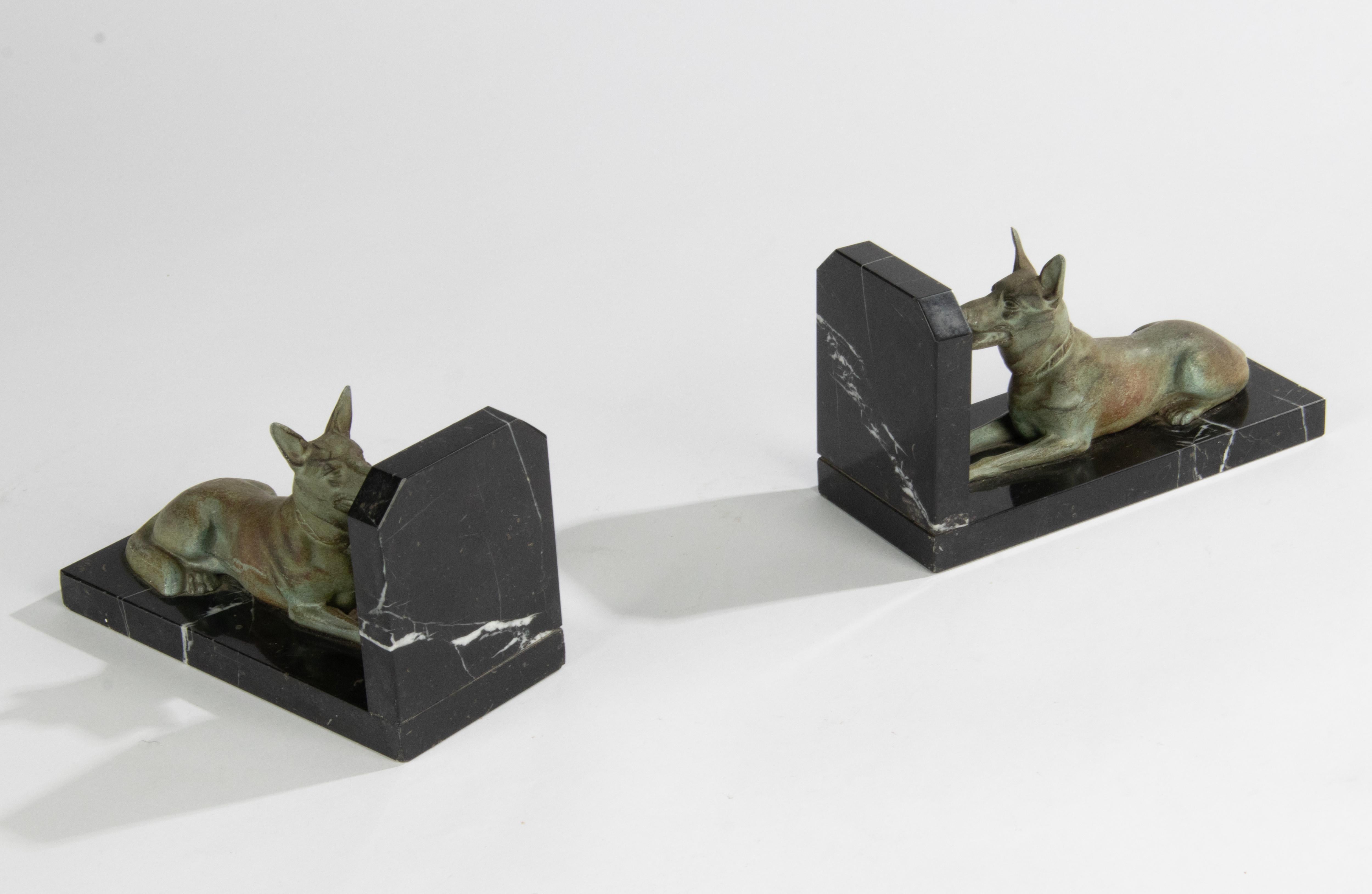 Art Deco Period Spelter and Marble Bookends with Belgian Shepherd Dogs 9