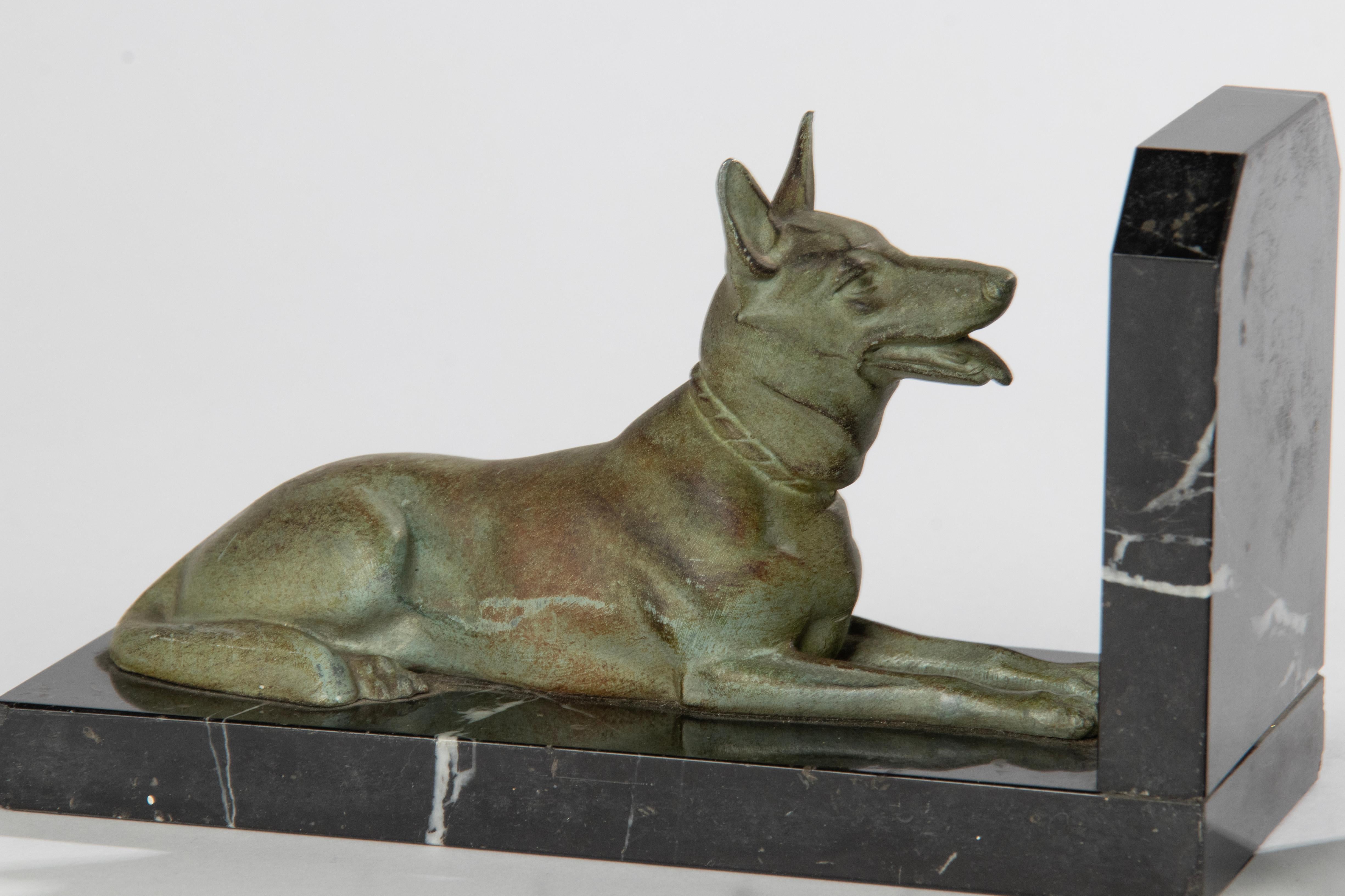 Art Deco Period Spelter and Marble Bookends with Belgian Shepherd Dogs 10