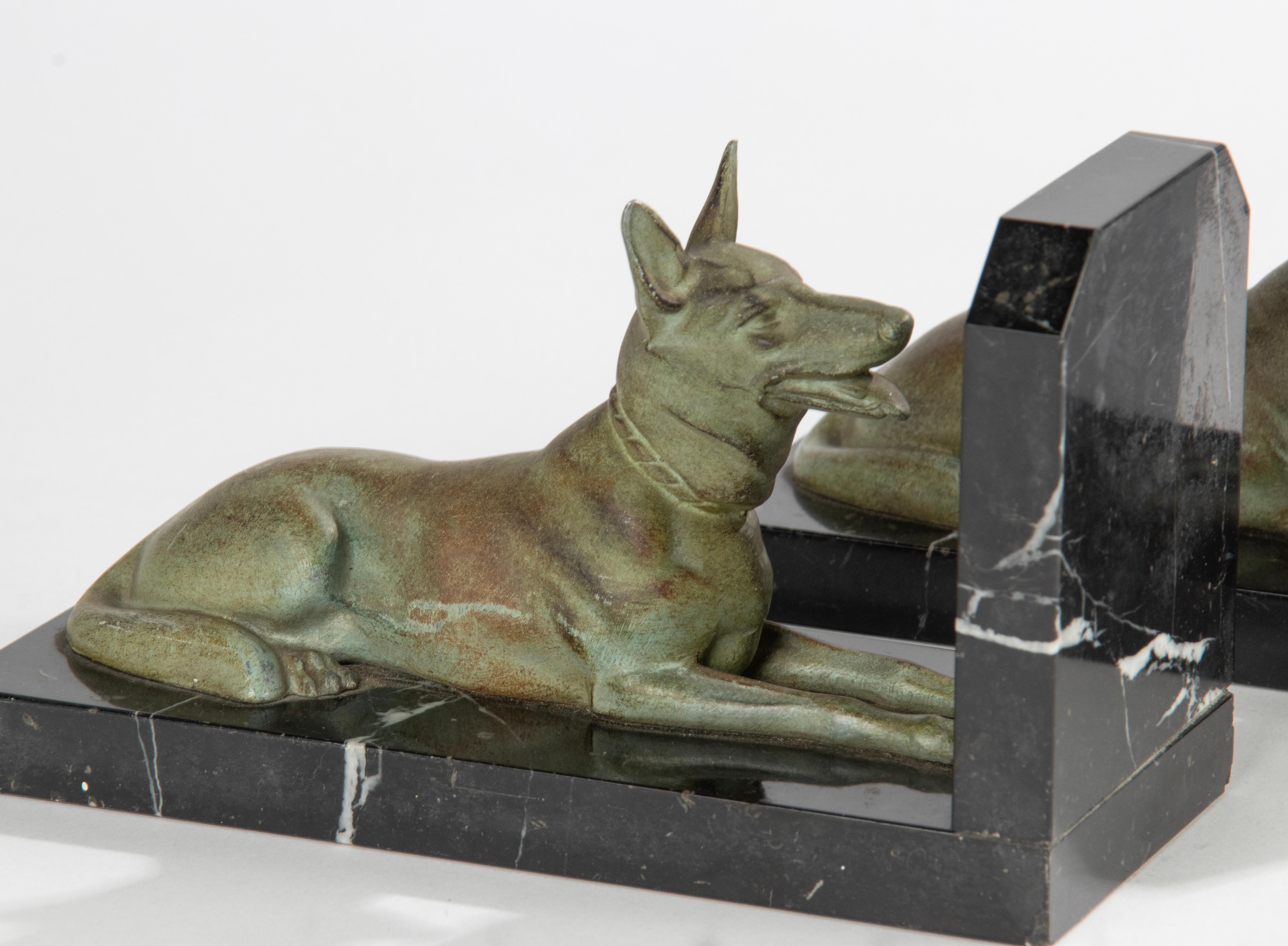 Art Deco Period Spelter and Marble Bookends with Belgian Shepherd Dogs 12